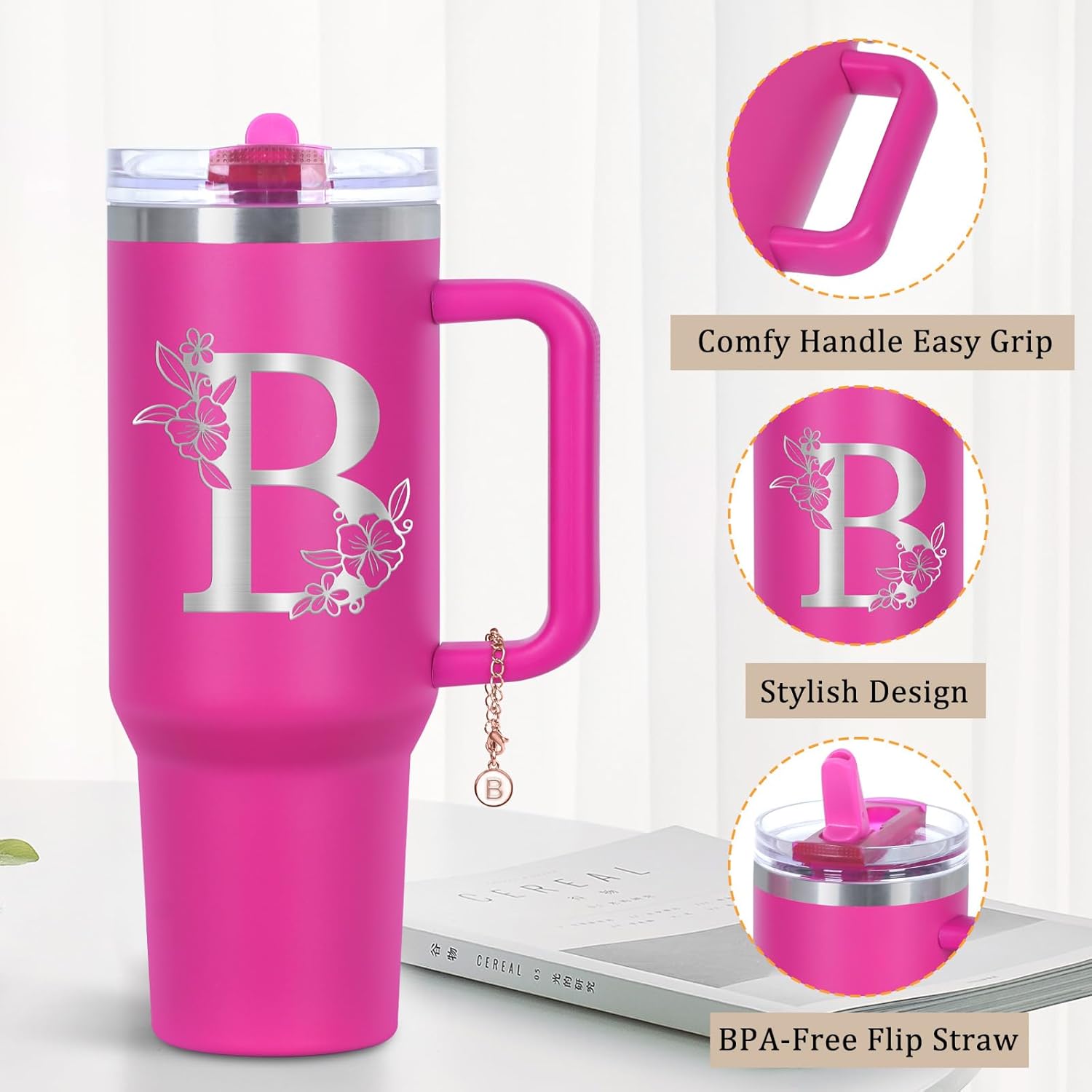 Personalized 40 oz Monogrammed Tumbler with Handle & Flip Straw, 100% Leak Proof stainless steel Insulated Tumbler, Customized Initial Funny Gifts for Women Mom Sisters Coworker, B - Image 5
