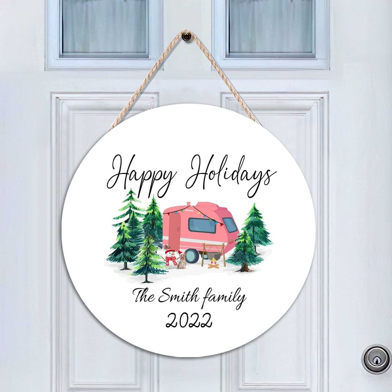 Panneau de porte d'entrée camping rond en bois décoratif pour Noël 40cm