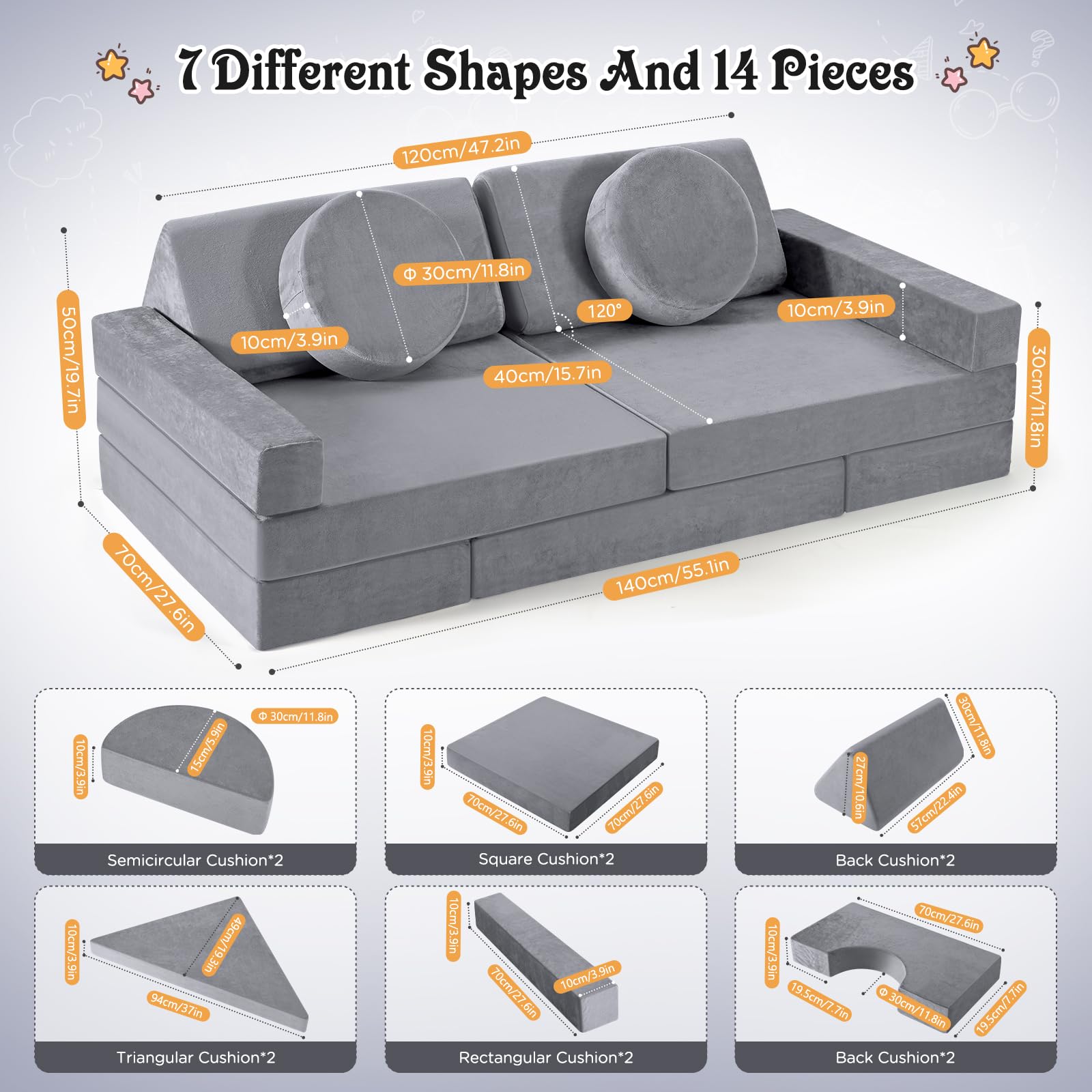 14-teiliges Kindersofa-Set, Weicher Flanellstoff, Kinderspielsofa, Umwandelbares Kindersofa Geeignet für Schlafbereich und Spielzimmer (Grau)