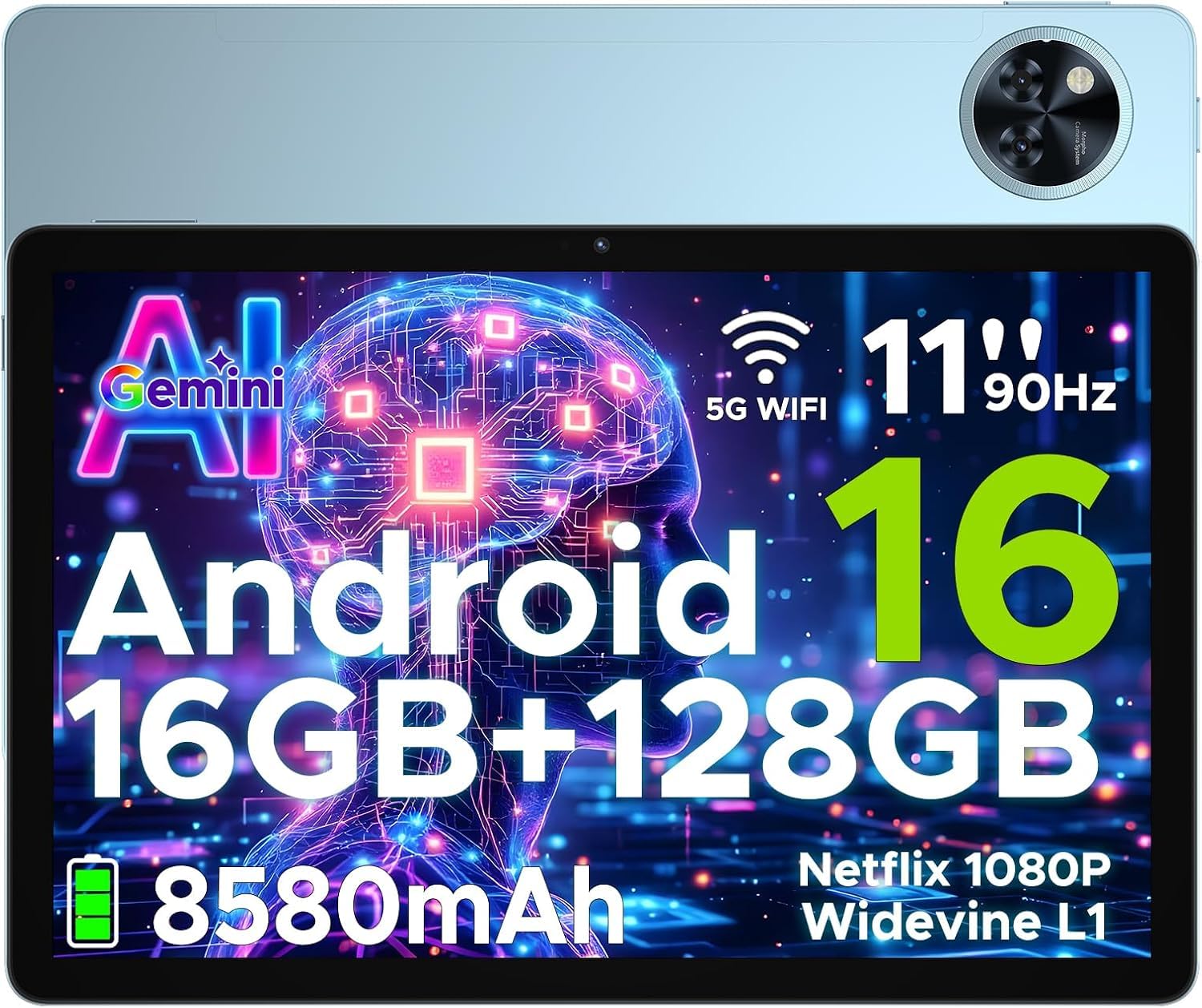 POPUX U11 Android 16 Tablet 11 Pollici Gemini AI 16GB RAM +128GB ROM (2TB TF) 8580mAh Gaming Tablet Unisoc T7200 Octa-Core 13MP+5MP Tablets PC WIFI 5/ GMS/ WidevineL1/ 3.5mm Audio/GPS/Face ID/OTG,Blu