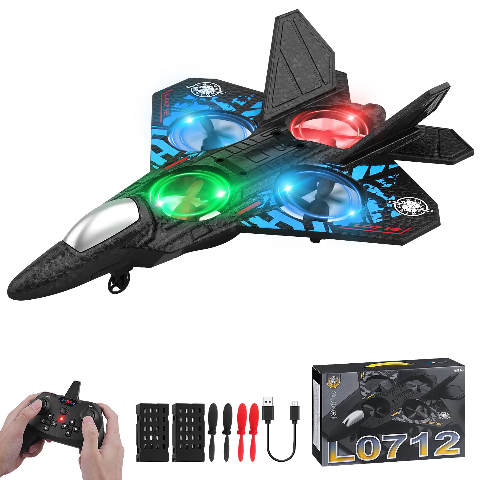 RC Plane 2.4GHz Remote Control Plane L0712 Quadcopter Hovering with Auto Hovering Fighter Aircraft RC Airplane RTF for Beginner, Kids and Adults,3D Flip Airplane Toy with Colored Lights USB Charging