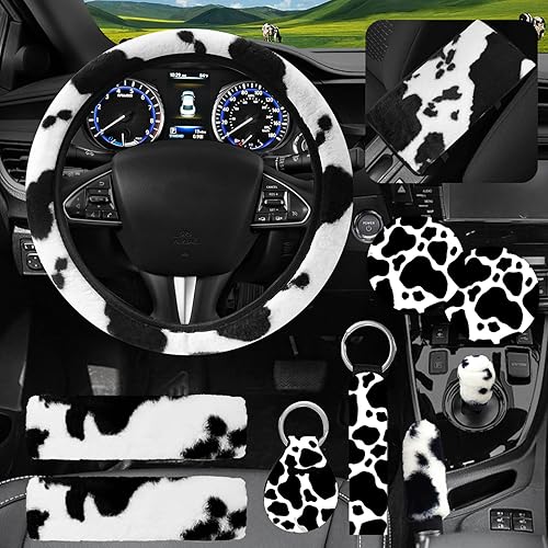 JINGSEN Juego de 10 piezas de accesorios esponjosos para automóvil fundas de volante de felpa con estampado de vaca esponjosa para mujer cubierta de
