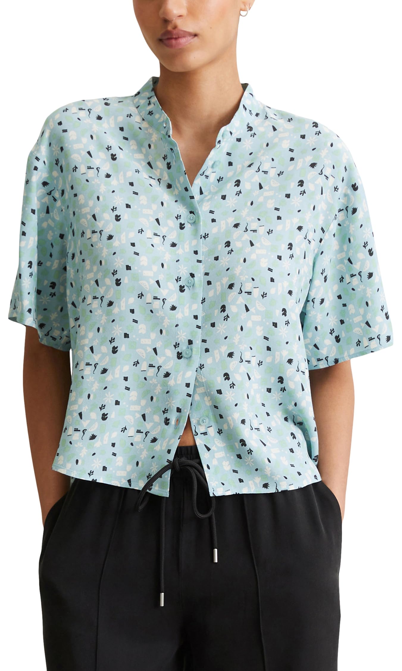 Marc OߴPolo Denim Women's Short Sleeve Cropped Blouse with Stand Collar, Multicolor (Light Blue Multi 05), M