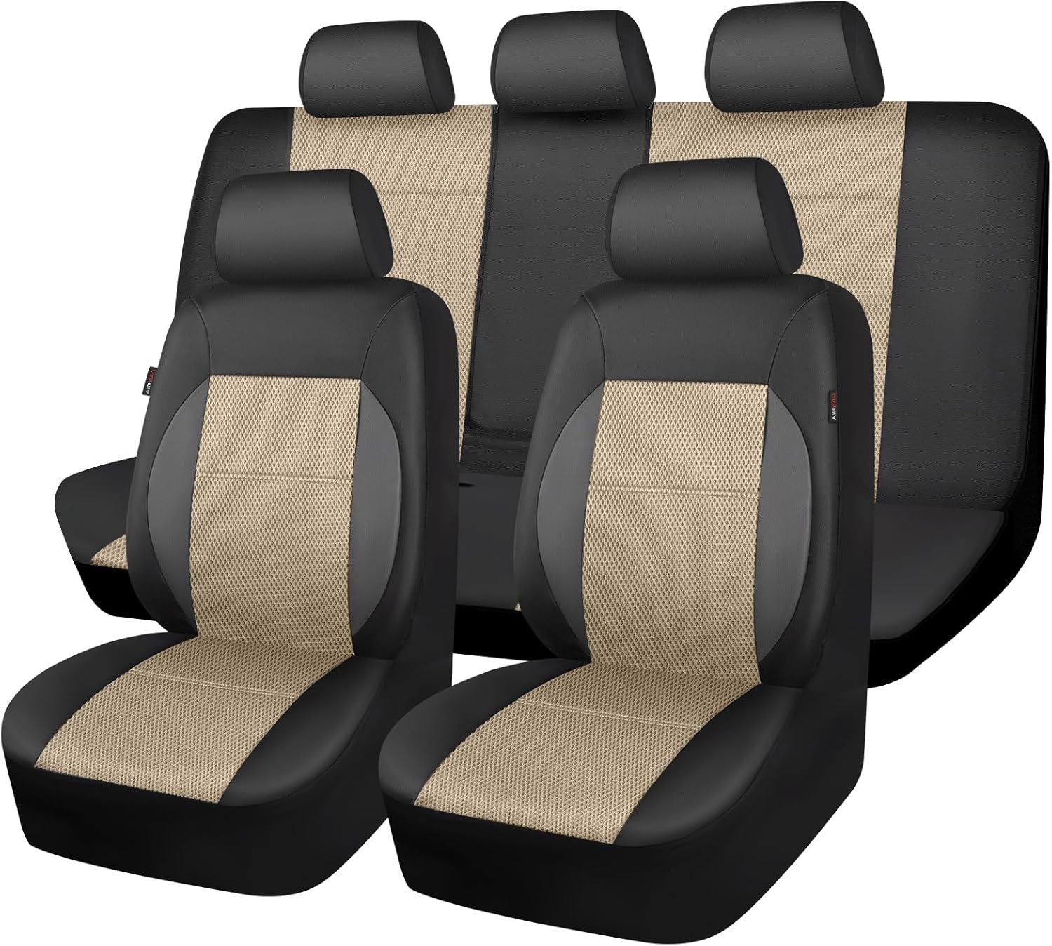 CAR PASS Leather Seat Covers Breathable Air Mesh Car Seat Cover Full Set Super 5mm Sponge Inside, Airbag Compatible, Universal Automotive Interior Cover Fit for Car SUV Truck Van Black Beige