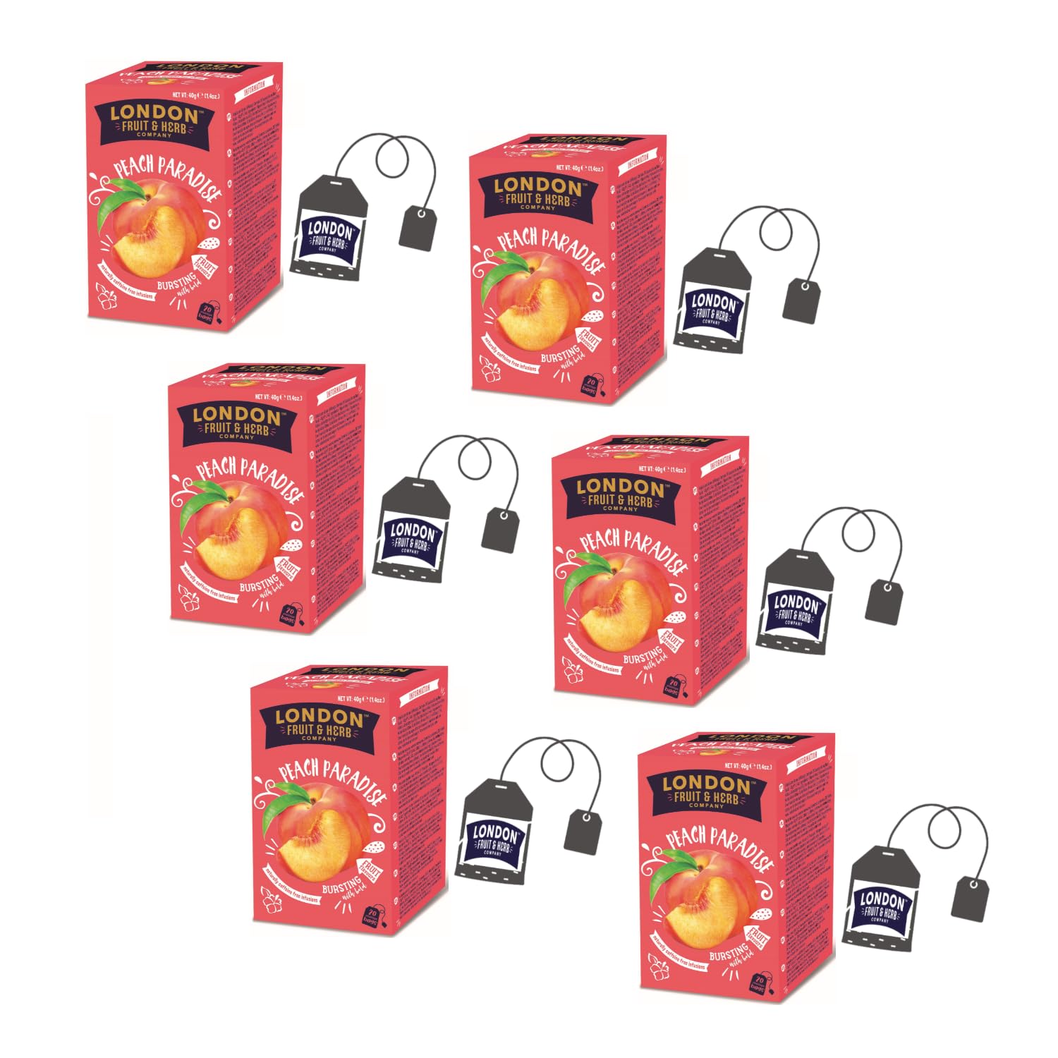 London Fruit® | Herbata ziołowa z brzoskwini i trawy cytrynowej | Pojedyncze saszetki naparu owocowego Naturalnie bez kofeiny - 6 x 20 filtrów (240 gr)