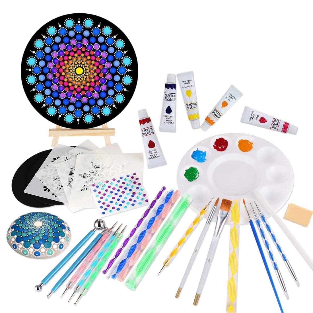 Genround Mandala Painting Kit with 12 Color Pigments, 59pcs Mandala Dotting Tools Rock Painting Kit Mandala Art and Drafting Supplies Mandala Stencil Dotting Tools Brushes for Clay Pottery Craft