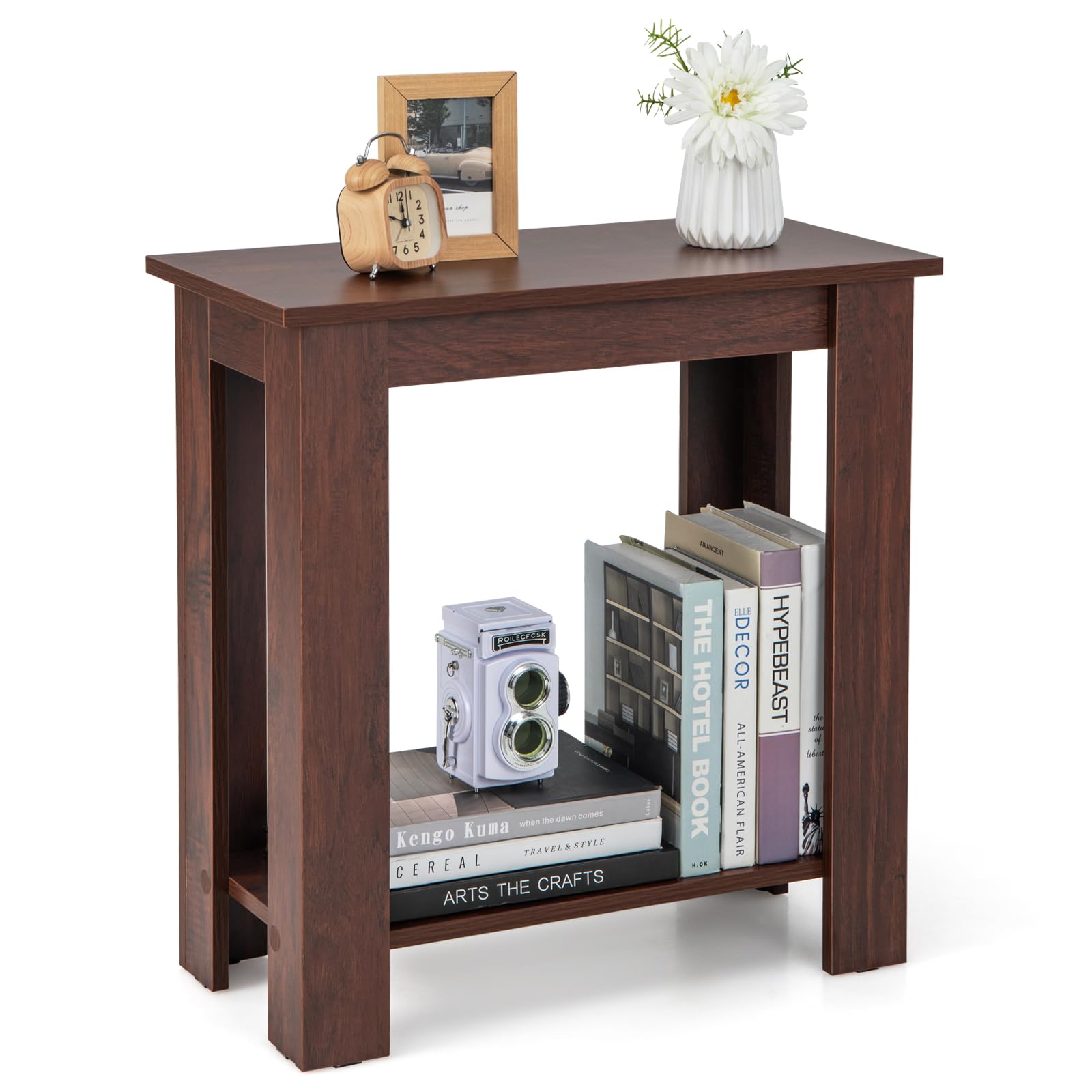 GOFLAME 24” Side Table, 2-Tier Rectangular End Table with Storage Shelf, Multipurpose Night Stand for Bedroom, Living Room, Brown