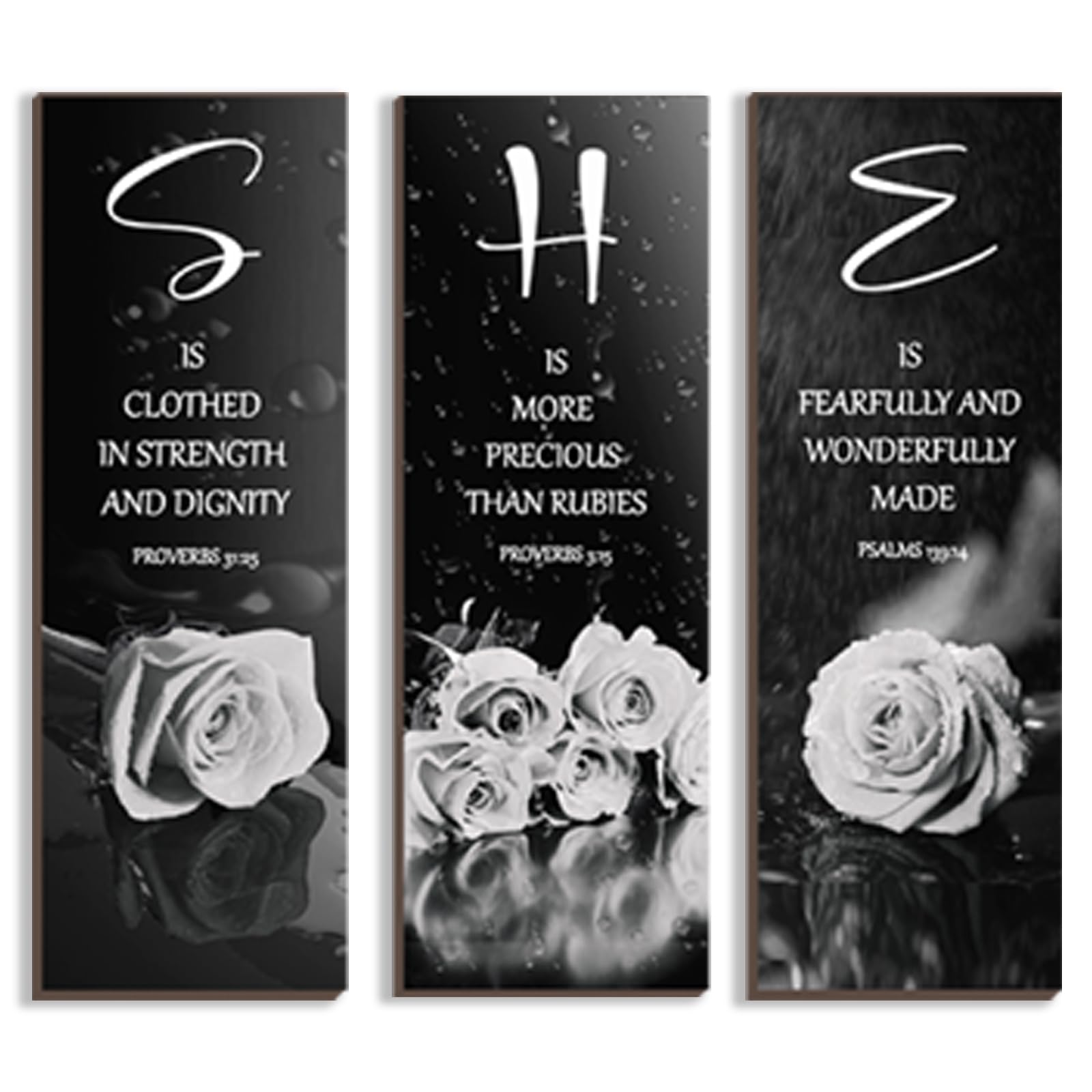 DONFENTHY 3 Pcs Black And White Bedroom Decor White Rose Wooden Wall Decor Black Grey Bathroom Decor Inspirational Farmhouse Office Sign With SHE