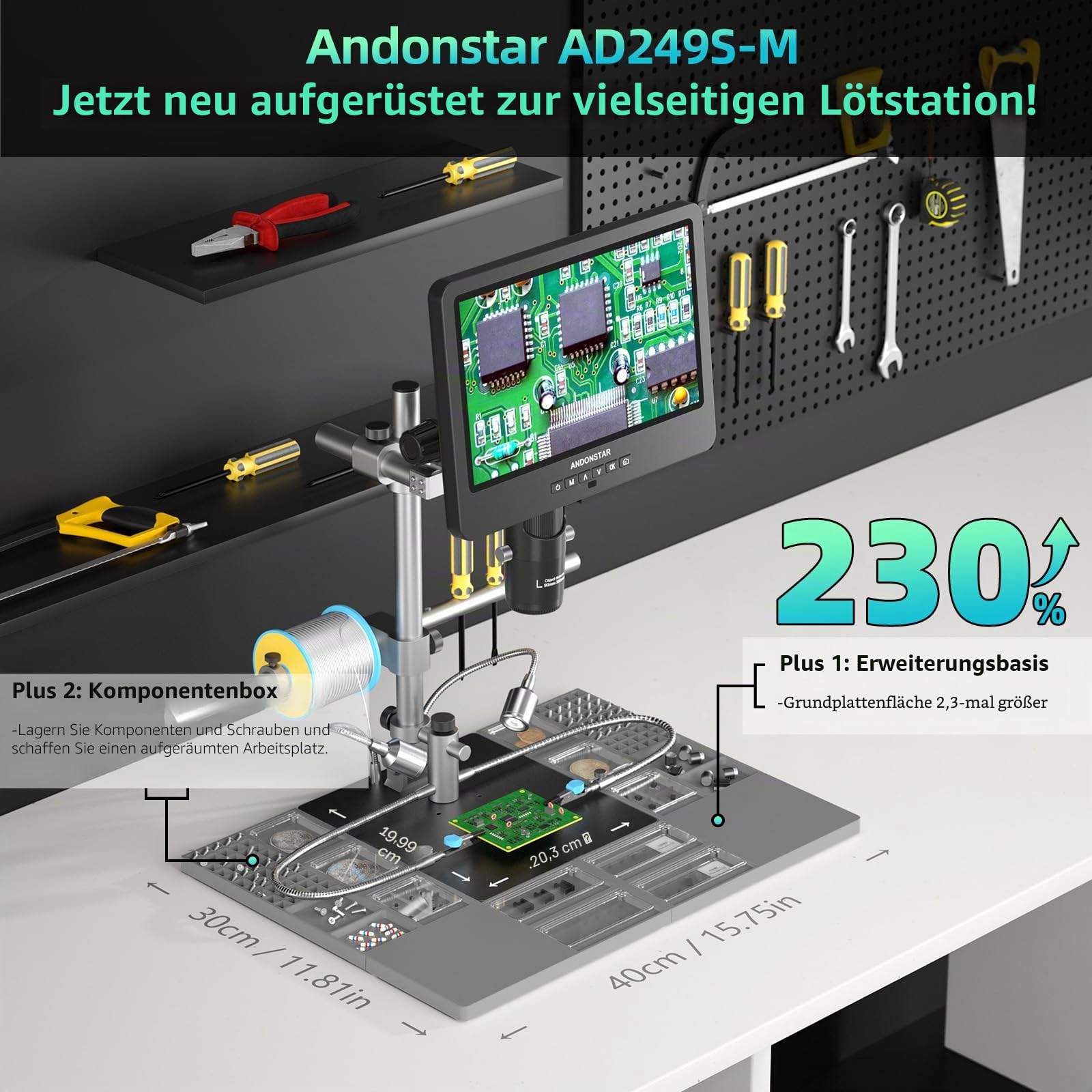 Andonstar AD249S-M Plus 10.1'' HDMI Digitales Mikroskop für Elektronikreparaturen, 2000x 3 Linsen 2160P UHD-Videoaufnahme, Lötmikroskopstation mit Hilfshänden, Objektträgern, 32GB-Karte
