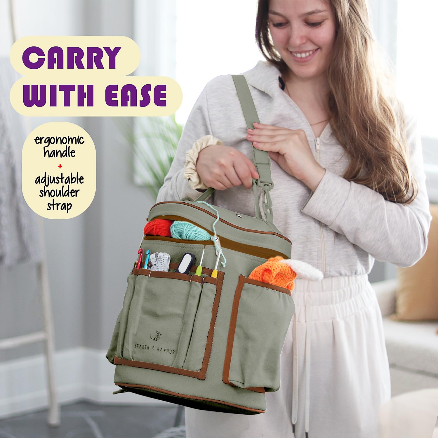 Häkeltaschen-Organizer – strapazierfähige Stricktasche, Garn-Organizer für Häkelzubehör und Zubehör, Segeltuchgarn-Tasche, Häkel-Organizer mit Zubehörtasche, Garnaufbewahrungs-Organizer – Salbeigrün
