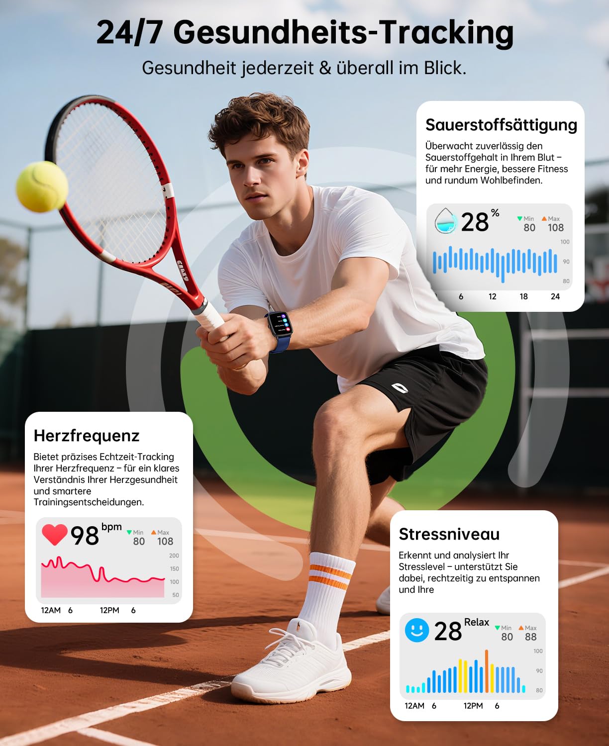 Smartwatch Damen Herren 1.85" 2 Armbänder für Samsung Android iOS