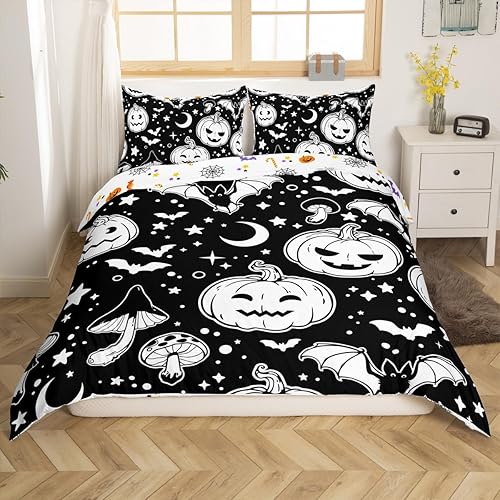 Miniatura 3 de Erosebridal Juego de funda de edredón de murciélagos de Halloween, diseño de hongos, calabaza, decoración de Halloween, luna, galaxia, estrellas,