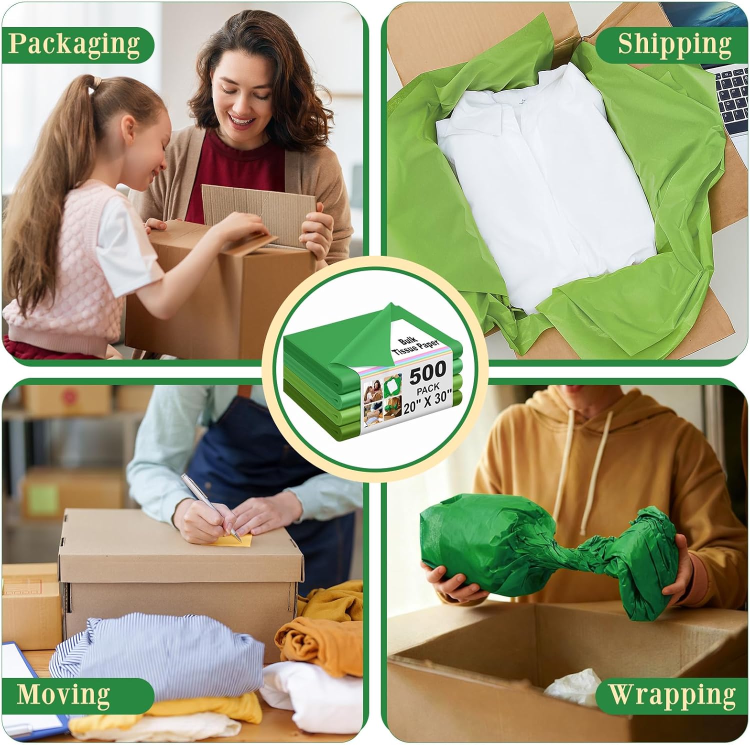 Qilery 500 Sheets Green Tissue Paper Bulk 20 x 30 Inch Extra Large Sheets for Gift Bags Acid Free Wrapping Paper for Wedding, Birthday Party, Floral Bouquet, DIY Crafts, Summer Party