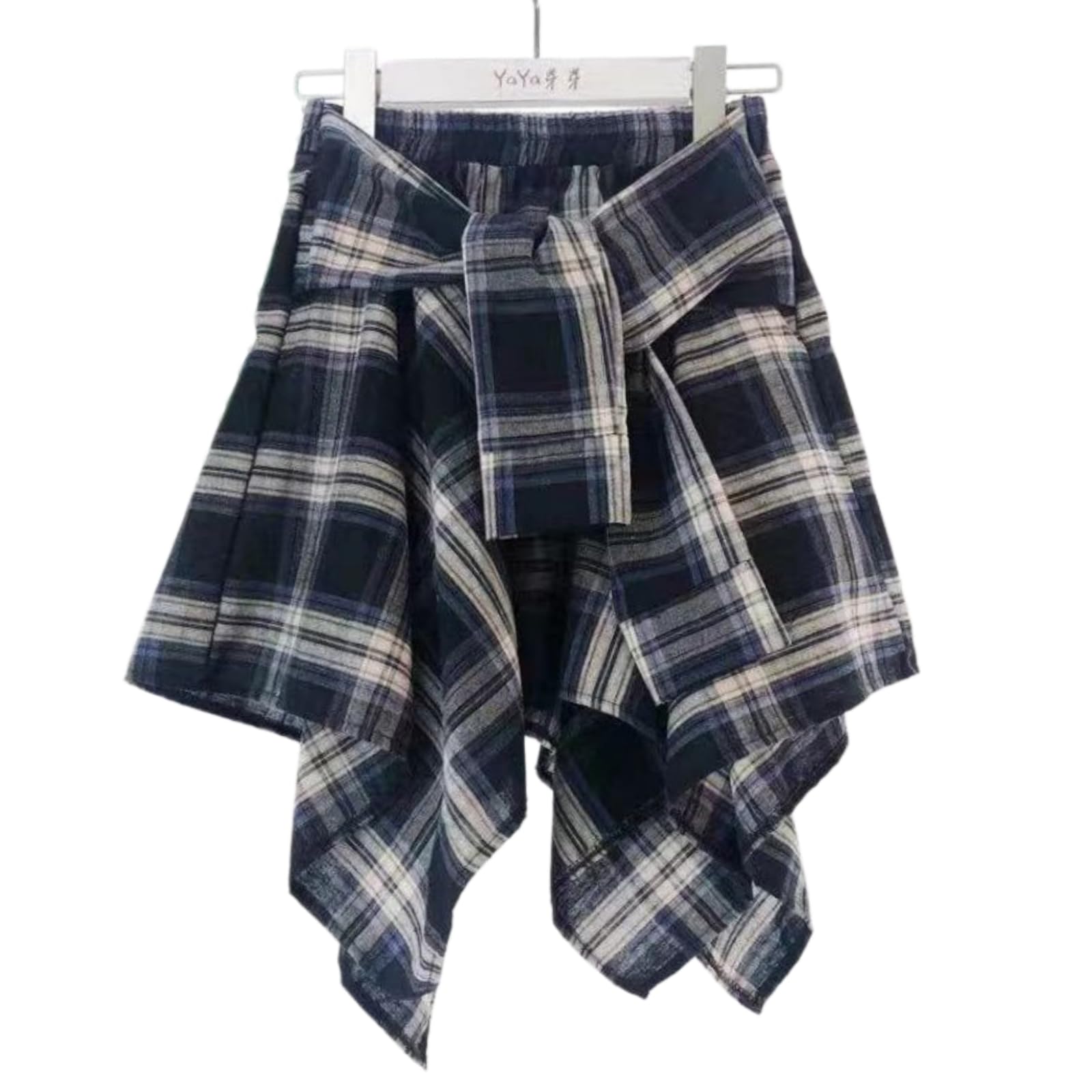 Minigonna Donna Alta Vita Plaid Asimmetrica Corsa Cravatta Frontale A-Line Mini Gonna, Elastico Corsa-HH-l