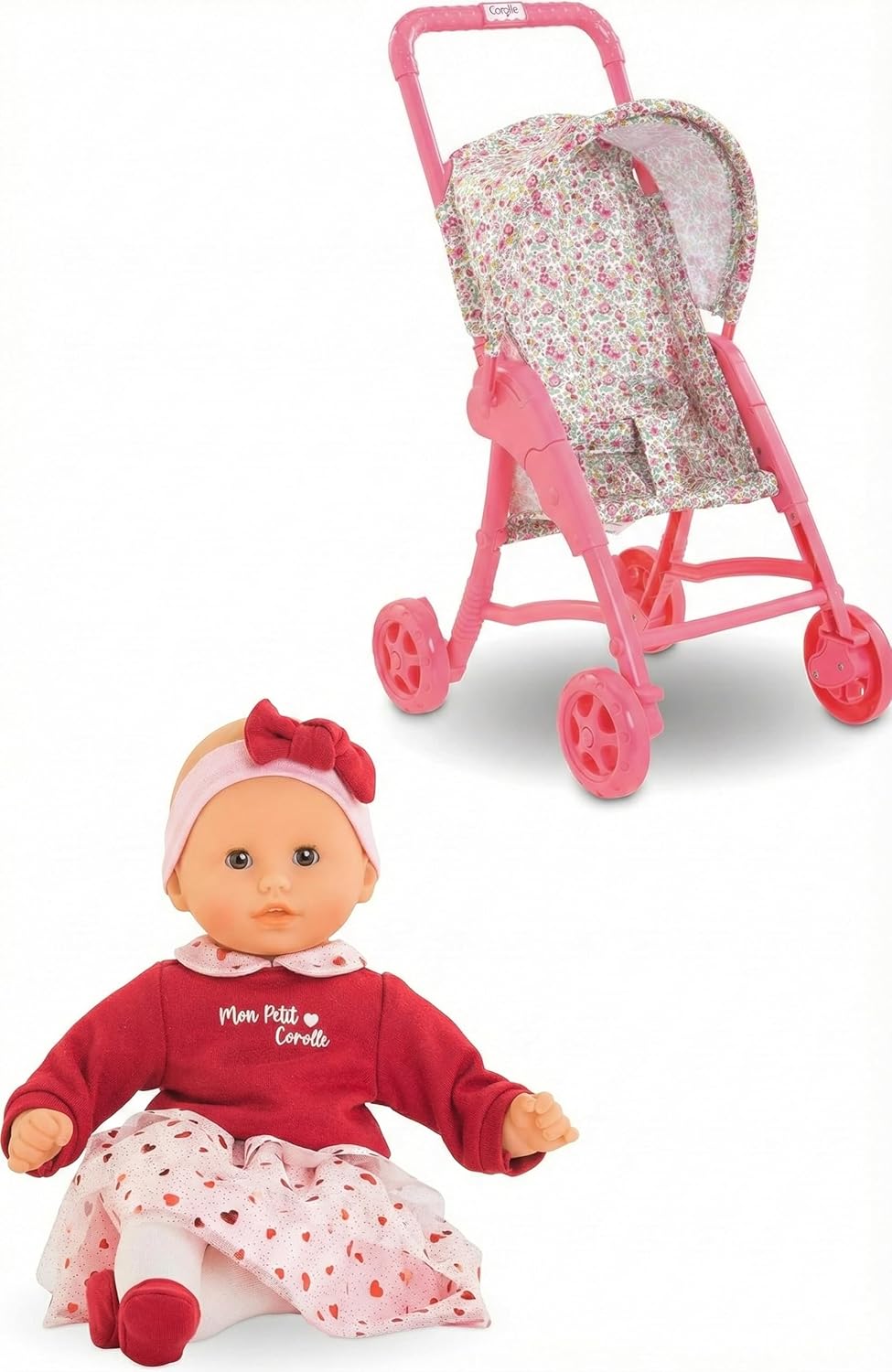Corolle Margaux Petals 12" Soft Baby Doll with Vanilla Scent + Pink & White Foldable Stroller Set, Sleeping Eyes, Hearts Outfit, Lightweight Toy Carriage for Toddlers Ages 18 Months+