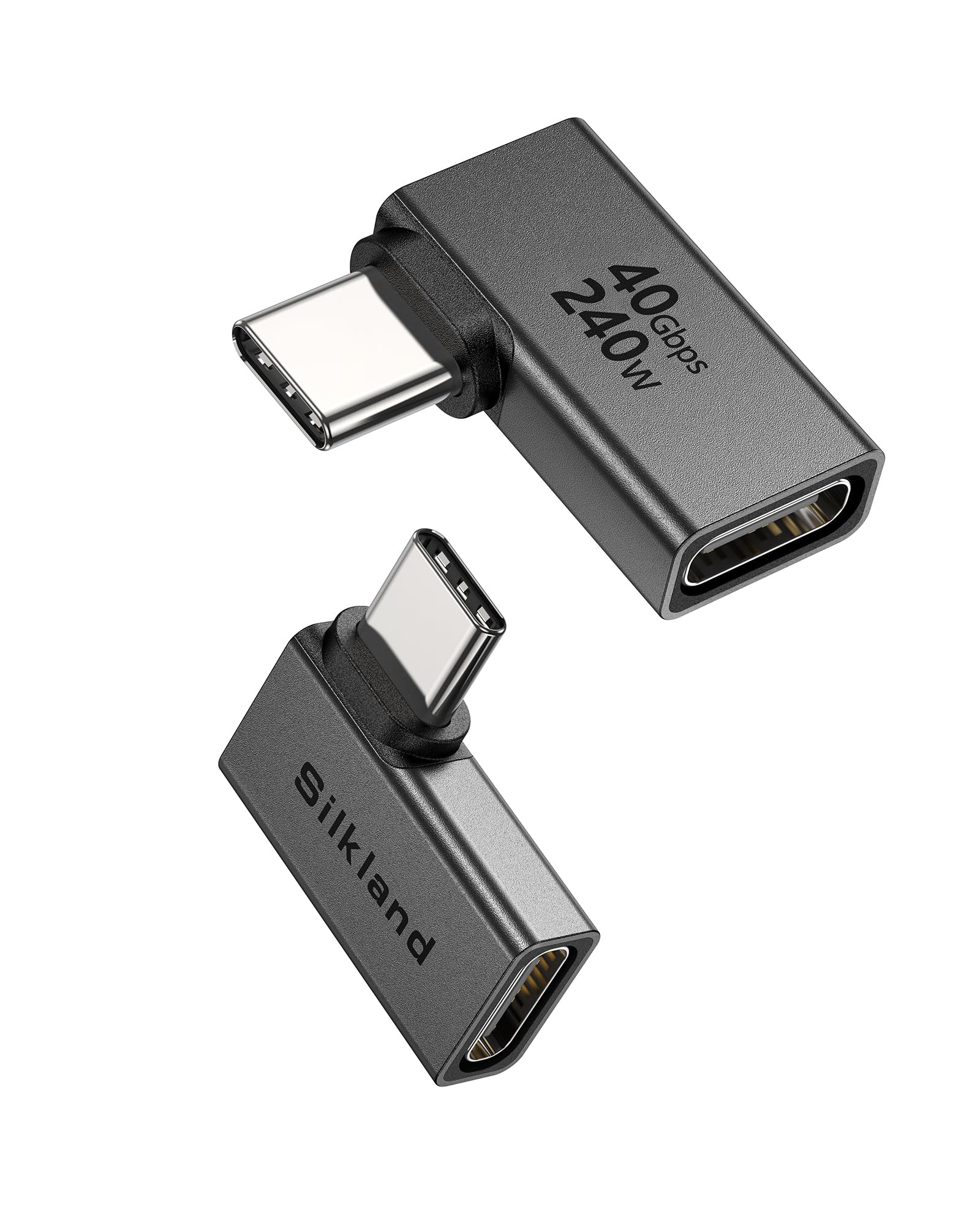 Silkland 90 Degree USB C Flat Right Angle Adapter 2 Pack, 240W 40Gbps Male to Female USB-C Adapter Extender Compatible with Thunderbolt 4/3 for Steam