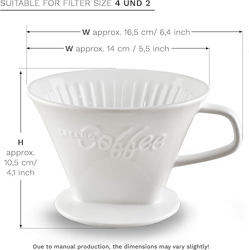 Miniatura 2 de Creano Gotero de café de porcelana, color blanco, cafetera de cono de cerámica, cafetera para bolsas de filtro, tamaño 4, preparación manual fácil