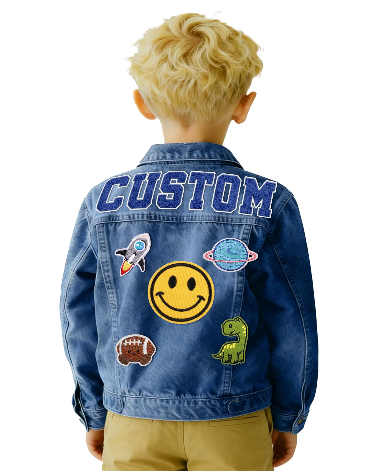 Veste en jean personnalisée pour enfants avec noms – Personnalisée avec écussons pour filles et garçons de 1 à 12 ans, cadeaux d'anniversaire et de Noël, veste en jean personnalisée à manches