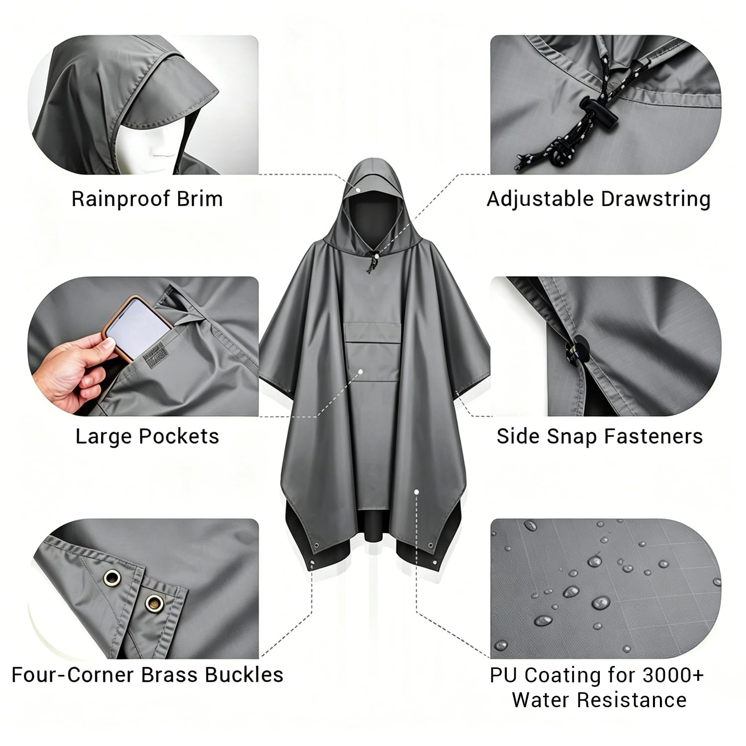 Poncho Pioggia Impermeabile Riutilizzabile per Adulti, Mantella Antipioggia 3-in-1 Leggera con Cappuccio per Trekking, Uomo e Donna