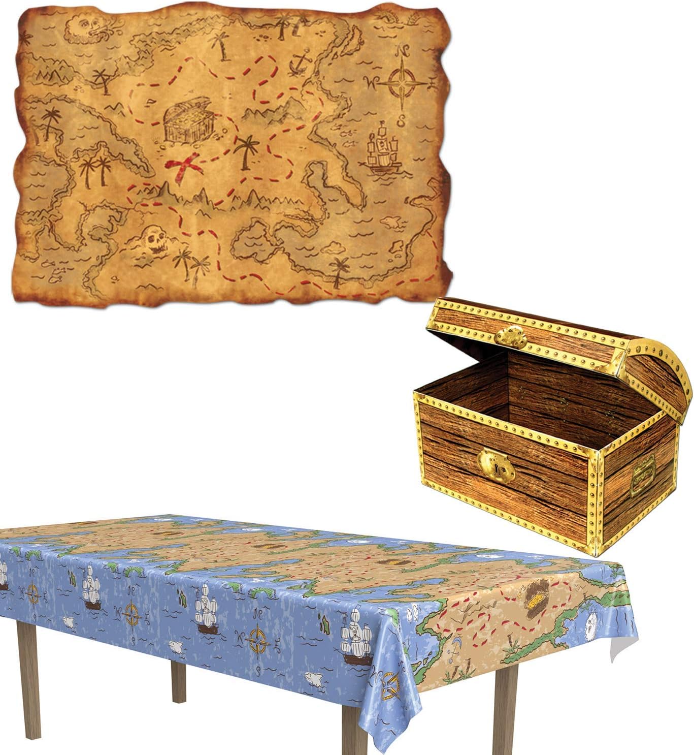 Treasure Chest, Pirate Treasure Map Party Decorations Kit with Treasure Map Table Cover, Treasure Chest Box Centerpiece, and Plastic Treasure Map Perfect for a Pirate Birthday Party