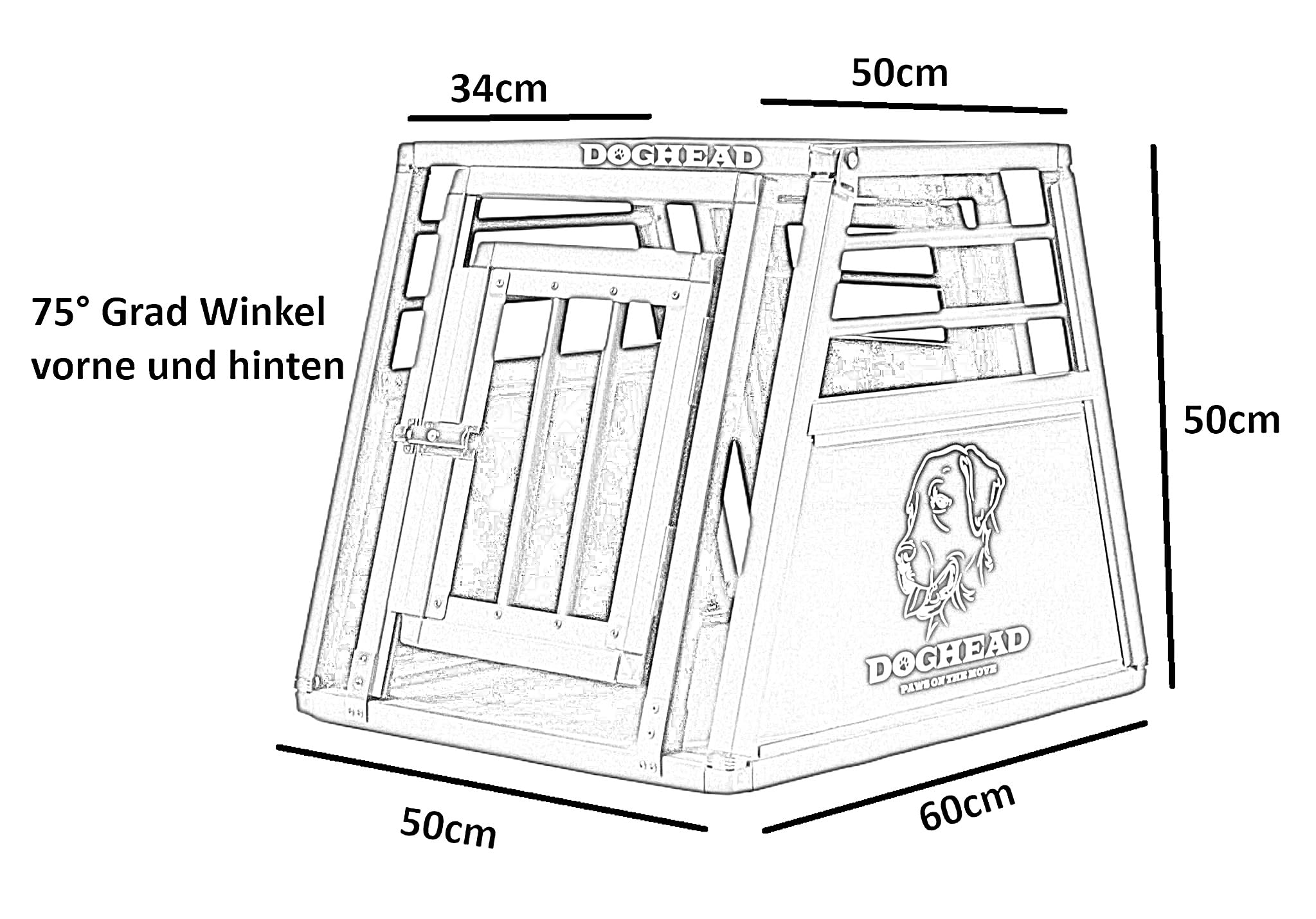 DOGHEAD Hundetransportbox Proline, Single 50x60x50 cm, Schwarz, Aluminium, Beidseitig Abgeschrägt 75°, mit Notausstieg
