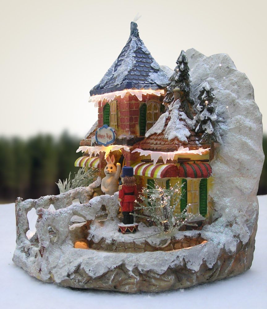 BANBERRY DESIGNS Lighted Toy Store - Christmas Mountain Village - Fiber Optics and LED Color Changing - Measures: 10" H x 10" W x 7" D