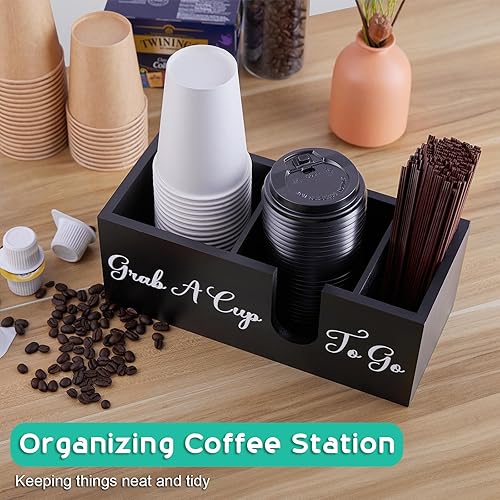 Miniatura 2 de ALELION Soporte para taza de café para encimera, accesorios y organizador de barra de café de madera, organizador de estación de café para