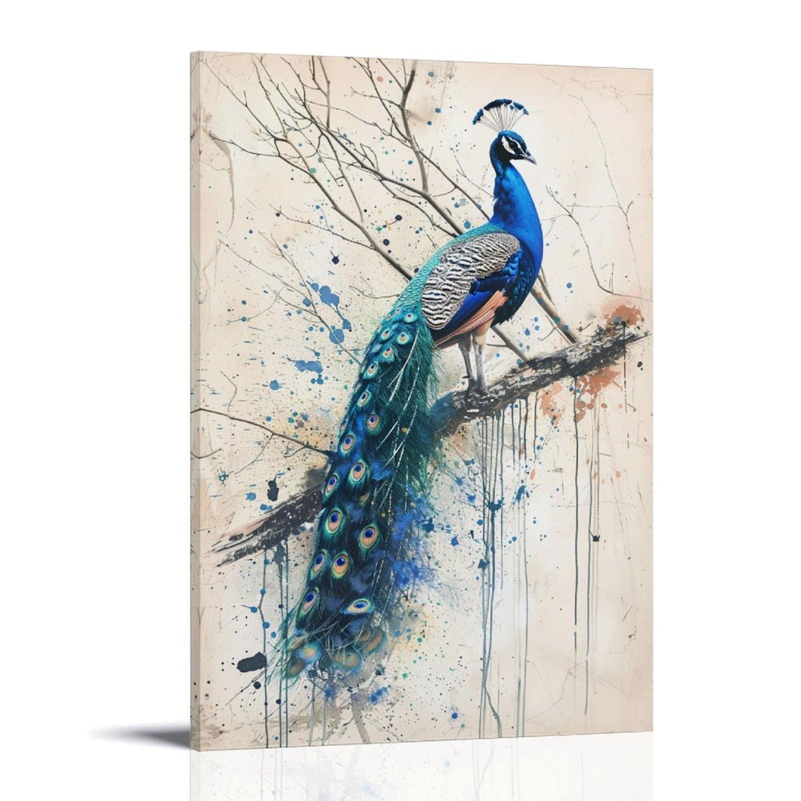 Fyfmushe Rustic Peacock Canvas Wall Art Paintings Natural Beautiful Watercolor Animal Pictures On Canvas Prints Framed Ready To Hang Artwork For Bedroom Home Decor 08X12inch(20X30cm)