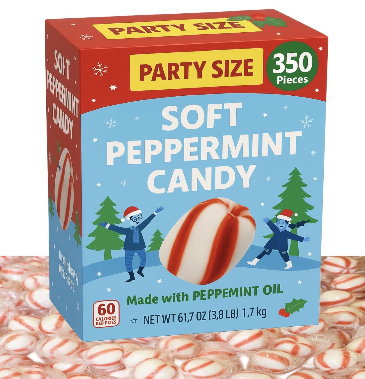 Soft Peppermint- Melt Away Mints | 350 PIECES | -Individually Wrapped -Perfect for Office, Holiday Classic Christmas Candy Bulk, Stocking Stuffer, Red and White Striped Peppermint PuffsBULK Pack (4 Pound (Pack of 1). By MAJUU CONNECT