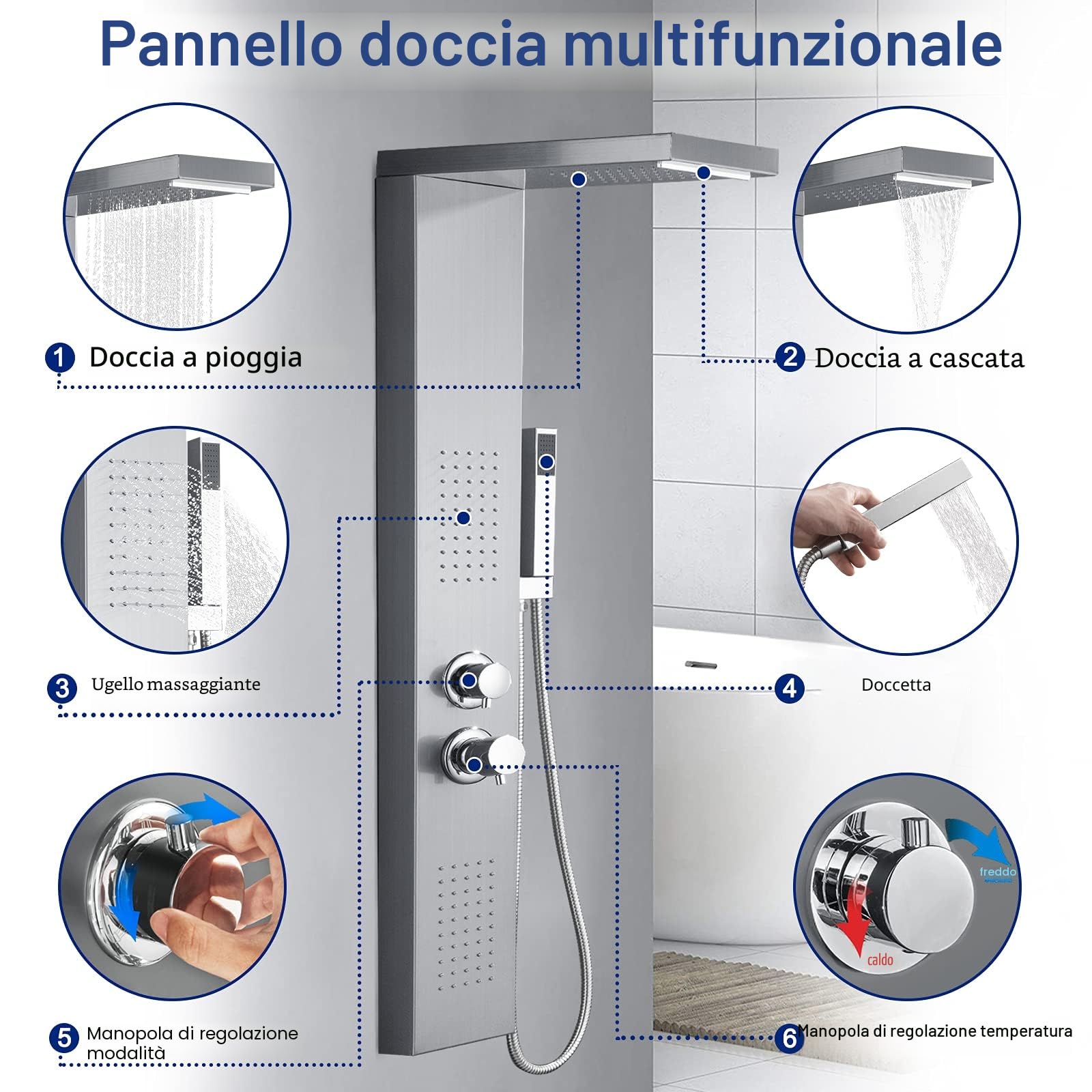UISEBRT Pannello Doccia Idromassaggio in Acciaio Inox - 4 Funzioni Colonna Doccia Set con per Bagno Inox Sistema Set Doccia con Soffione Fisso,Massaggi,Doccetta e Bocca Vasca (Argento)