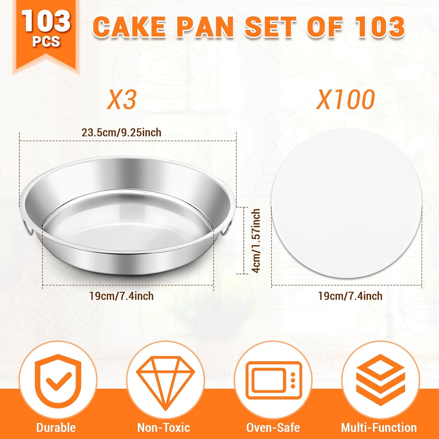 BEWOS 103 Pcs 7.4" Round Cake Pans - Nonstick Stainless Steel Cake Pans with 100 Pcs Parchment Paper, Non-Toxic Cake Baking Pans with Handles, Mirror Finish & Dishwasher Safe - Image 2