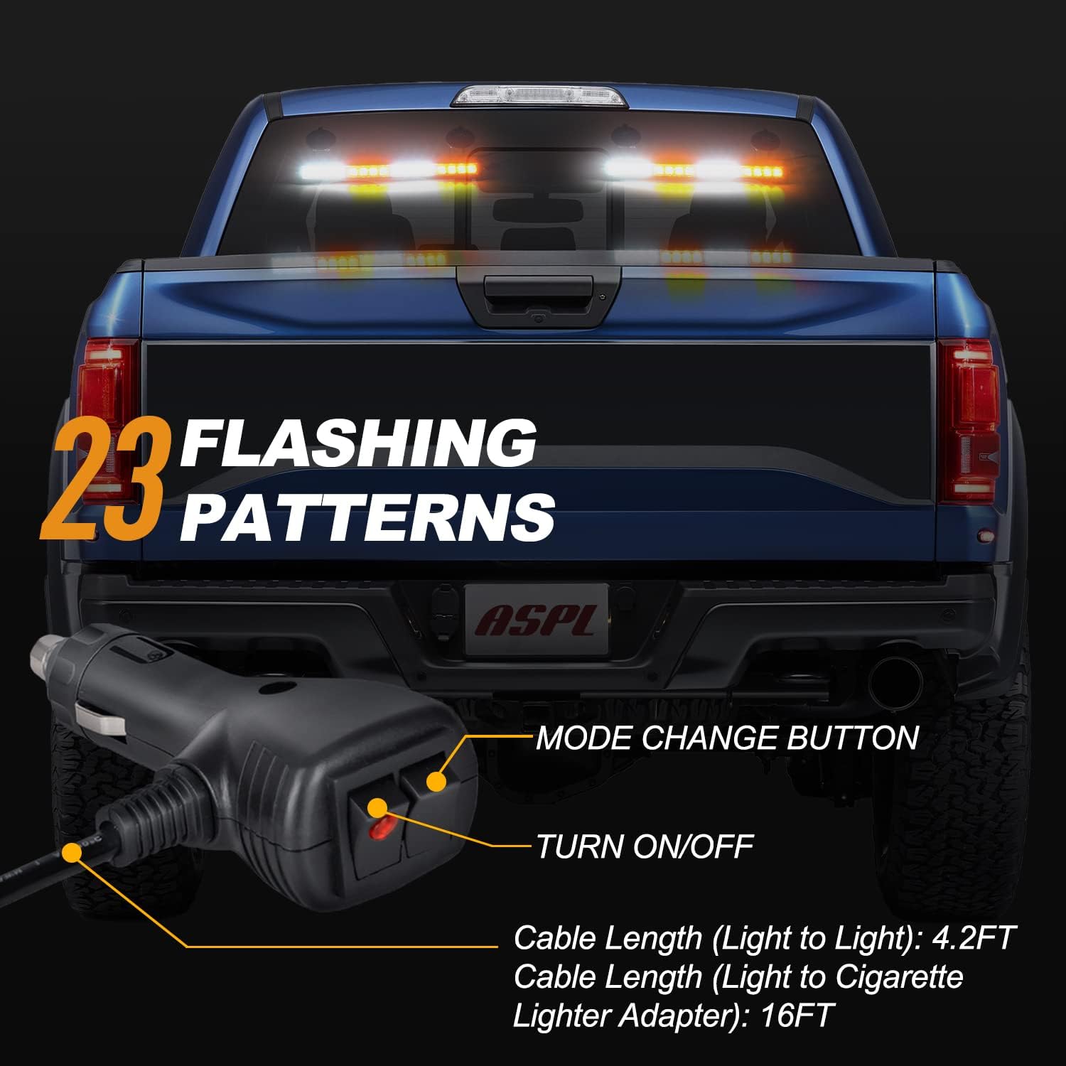 ASPL 2x16.8 inch 32LED Emergency Flashing Warning Strobe Lights Bar With 4 Vacuum Suction Cups 23 Flash Patterns Interior Safety LED Traffic Advisor Strobe Light For Trucks Vehicles (Amber/White) : Automotive