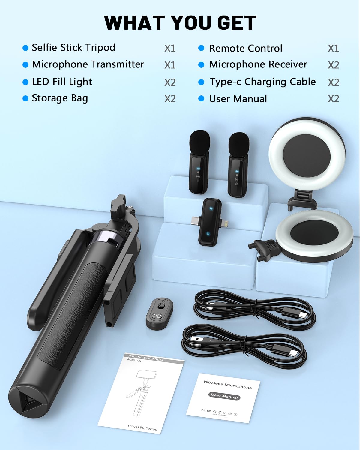 Kit vlogging per iPhone/Android, treppiede per selfie stick da 71 pollici per iPhone con luce di riempimento, microfono wireless e telecomando, rotazione a 360° treppiede per telefono per TikTok