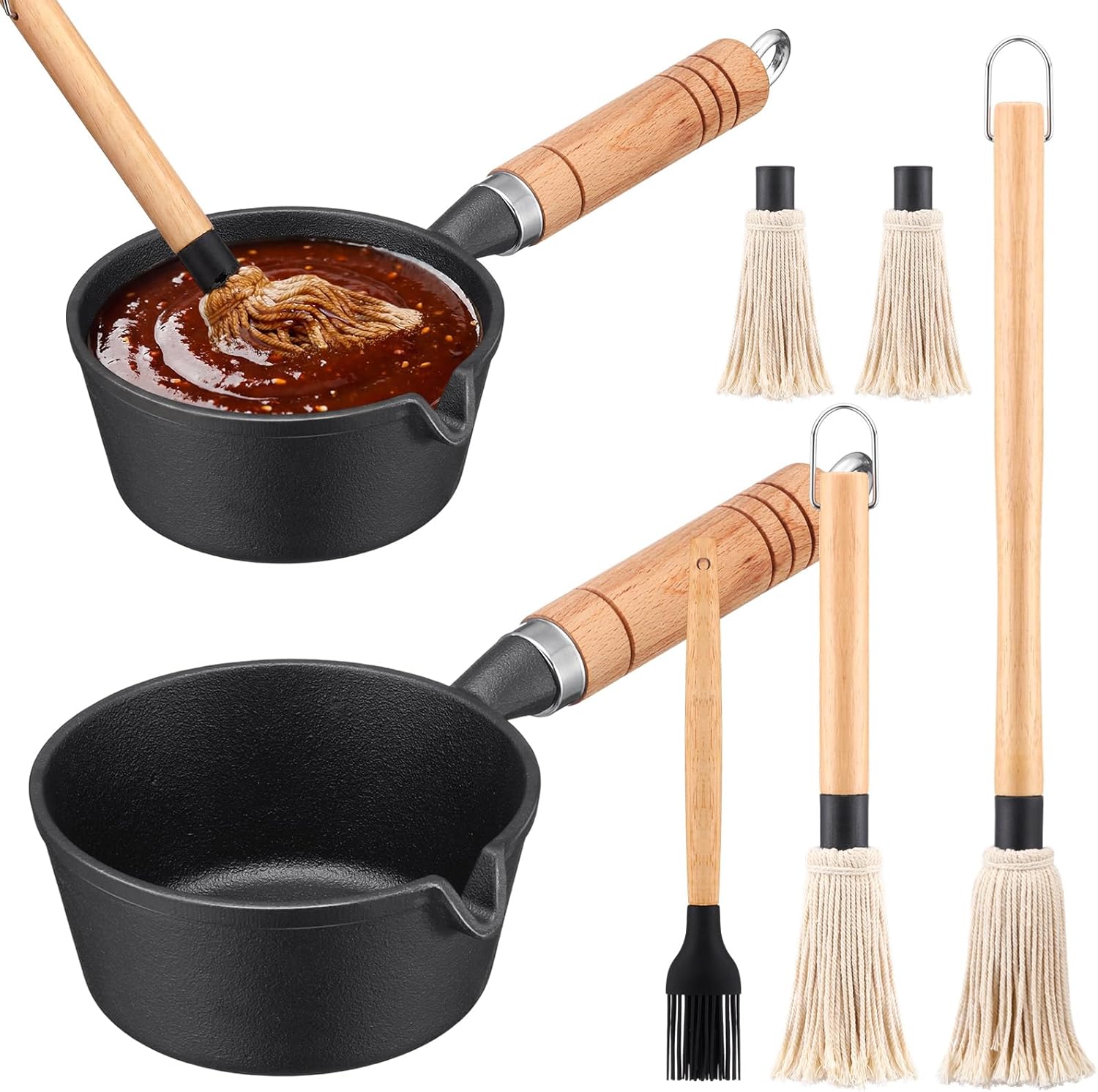 7 Pcs BBQ Mop Brush and Cast Iron Sauce Pot Set Include 15&24oz Cast Iron Basting Pot 2 Size Wooden Handle Sauce Mops with 2pcs Replacements and Oil Brush for Meat Smoker Melting Camping