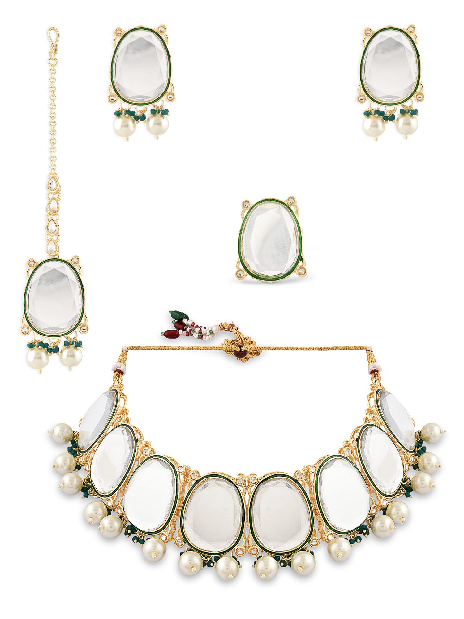 ZAVERI PEARLS Green Kundan Bridal Choker Necklace Earring Maangtikka Ring Set For Women-ZPFK15919 (B0C4H559XV) Amazon Price History, Amazon Price Tracker