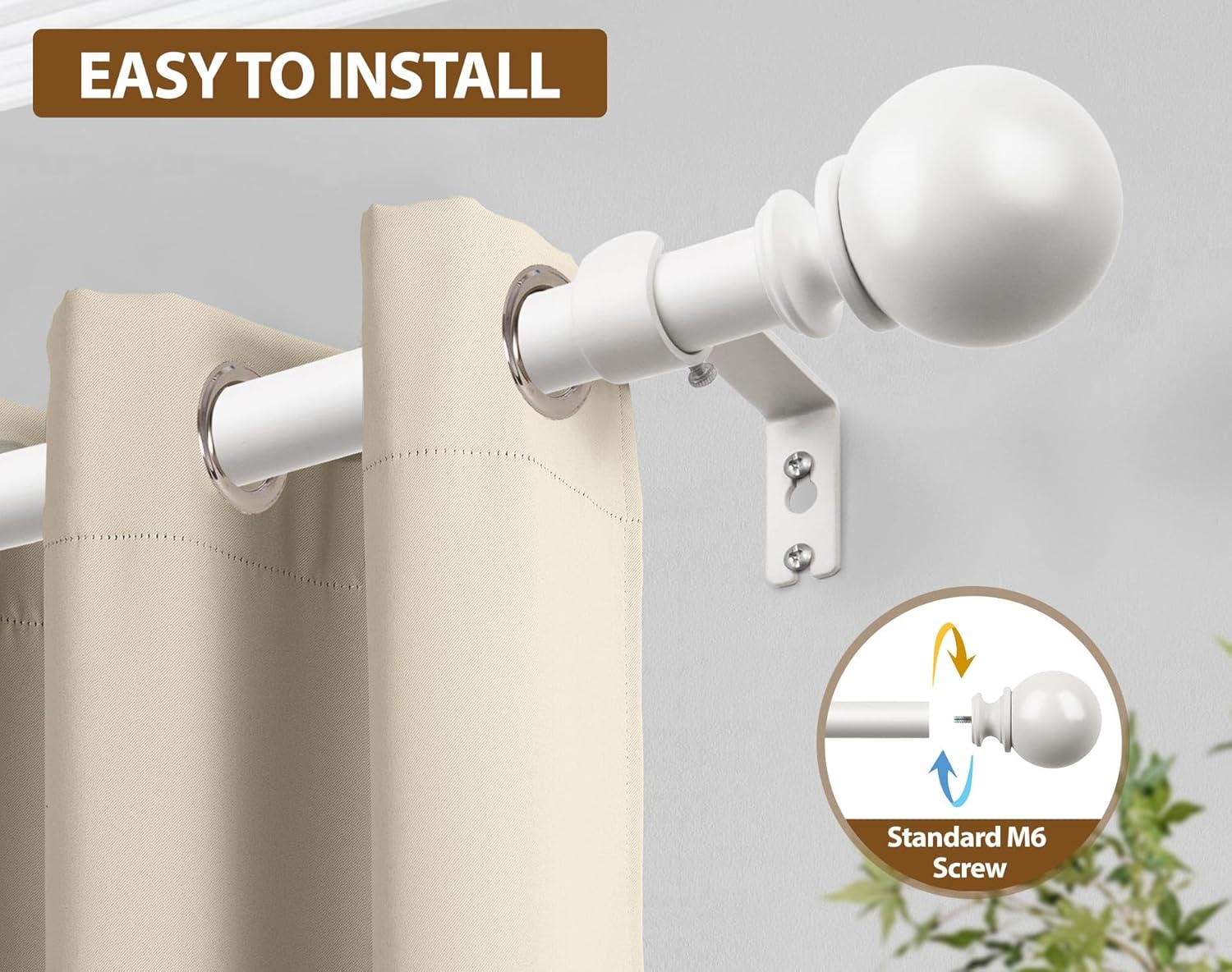KAMANINA Curtain Rods 32 to 120 Inches (2.6-10ft), 7/8 Inch White Curtain Rods for Windows 66 to 120, Long Adjustable Drapery Rod with Round Finials