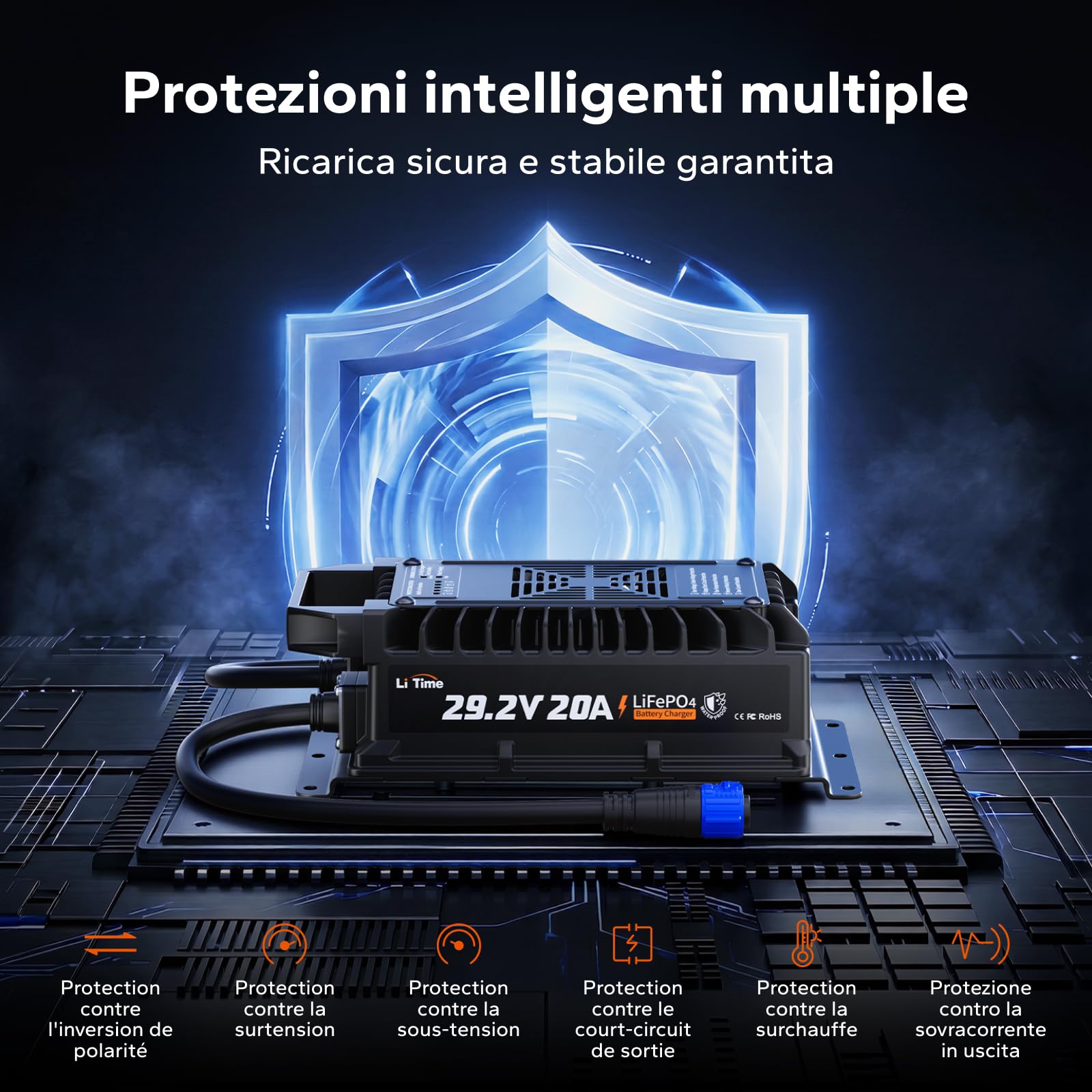 LiTime Caricabatterie LiFePO4 24V 20A, Caricatore Batteria Litio 24 Volt IP67 Impermeabile con Attivazione Batteria, Caricatore Intelligente AC-DC a 3 Stadi per Camper, Barca e Sistema Solare