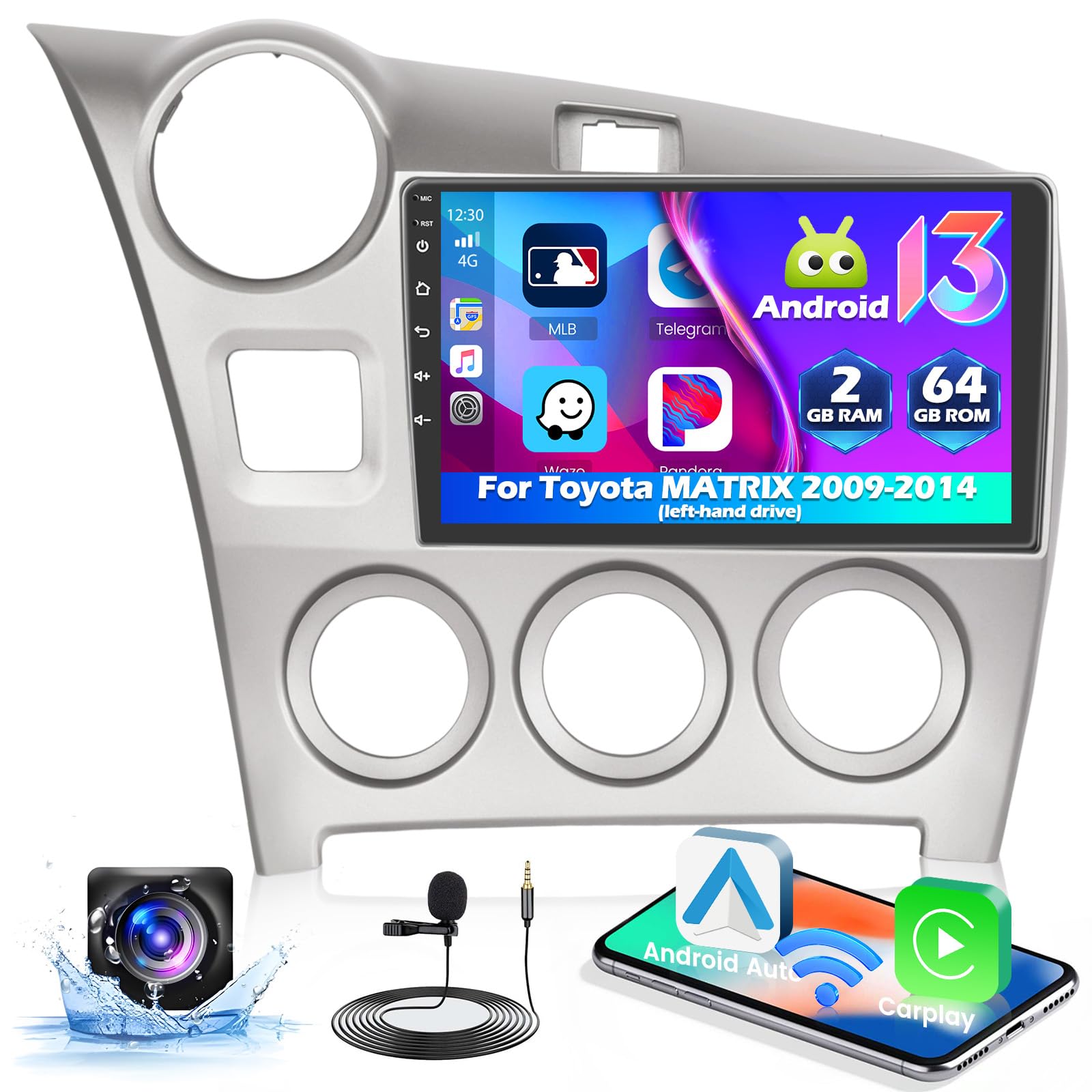 Hikity Stereo for Toyota Matrix LHD 2009-2014 Wireless Carplay Android Auto, 9 Inch Touch Screen Android 13 Car Radio with GPS WiFi BT FM/RDS Backup Camera SWC [2G+64G]