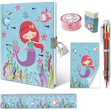 GINMLYDA Girls Diary with Lock, Mermaid Secret Diary Set Incl. Kids Lockable Journal Memo 6-Multicolor Pen Ruler Eraser Sharpener Writing Notebook Gift for Girls 6-10