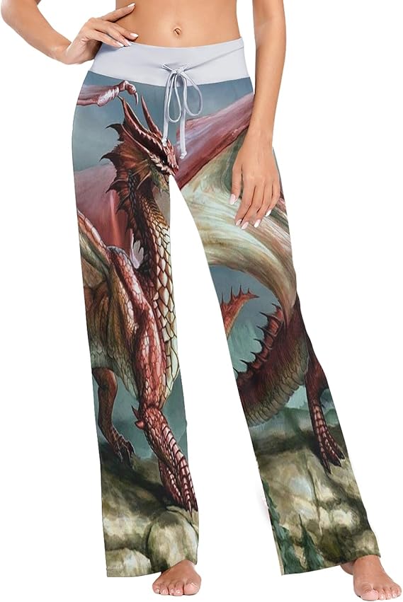 Big Red Dragon Print Womens Pajama Bottoms Sleepwear Loose Palazzo