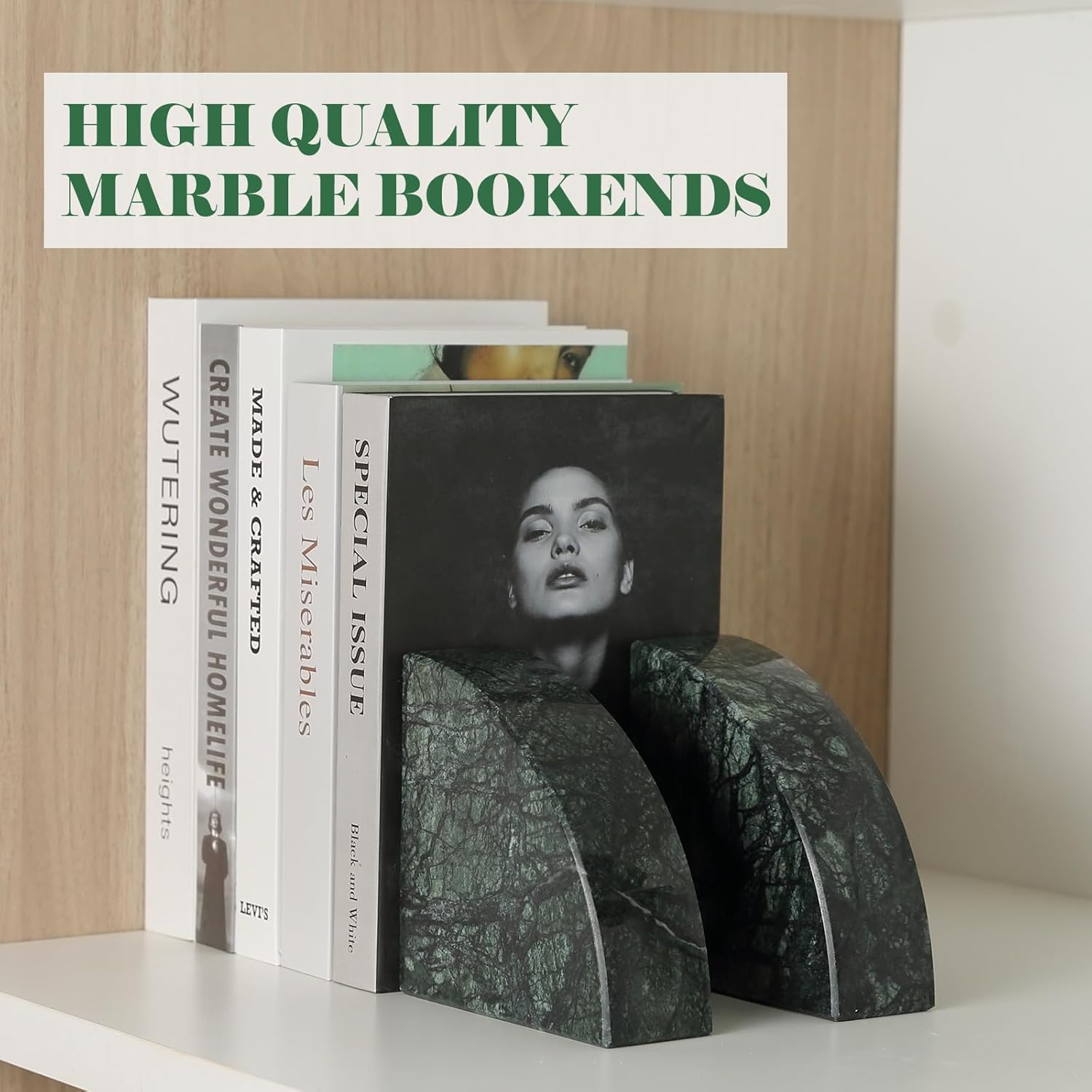 Karibiber Marble Bookend for Shelves, Non-Skid Bookends for Heavy Books, Heavy Duty Book Stopper for CDs, Luxury Book Shelf Holder, Quarter Circle Design Book Ends Decorative, Indian Green, Set of 2