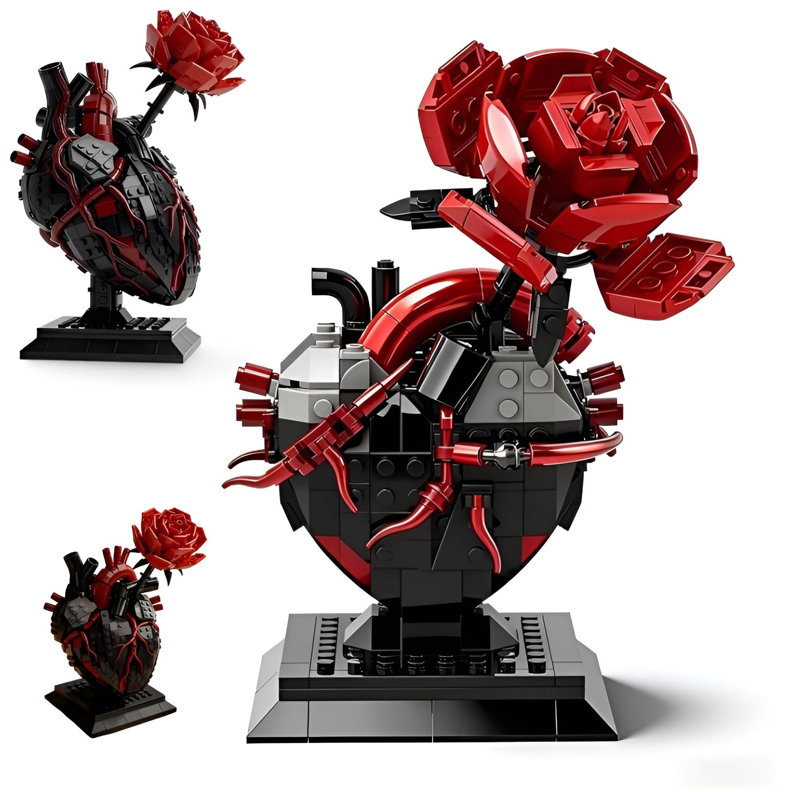 Set di mattoncini da costruzione a forma di cuore gotico con rosa – fiori romantici scuri modello desktop, collezione botanica MOC, kit di blocchi di San Valentino e regalo di anniversario per adulti