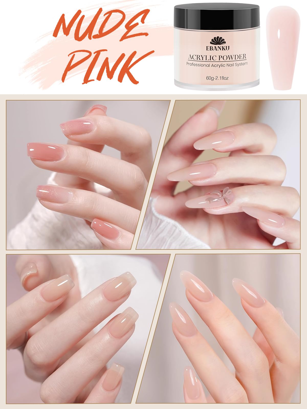 EBANKU Polvere acrilica rosa, 120 g, grande capacità, lunga durata, manicure professionale per extension delle unghie, intaglio a casa, salone fai da te, senza lampada necessaria (rosa + nude)