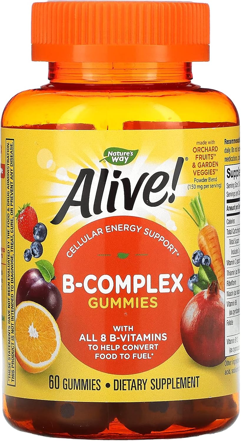 Nature's Way Alive! B-Complex Gummies, Cellular Energy Support*, 8 B-Vitamins, Vegetarian, Mango Flavored, 60 Gummies