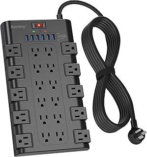 Extension Cord 10 Ft, SUPERDANNY Power Strip Surge Protector with 6 USB Charging Ports and 22 AC Outlets, 1875W/15A, 2100 Joules, Flat Plug Power Outlet for Home, Office, Dorm, Gaming Room, Black