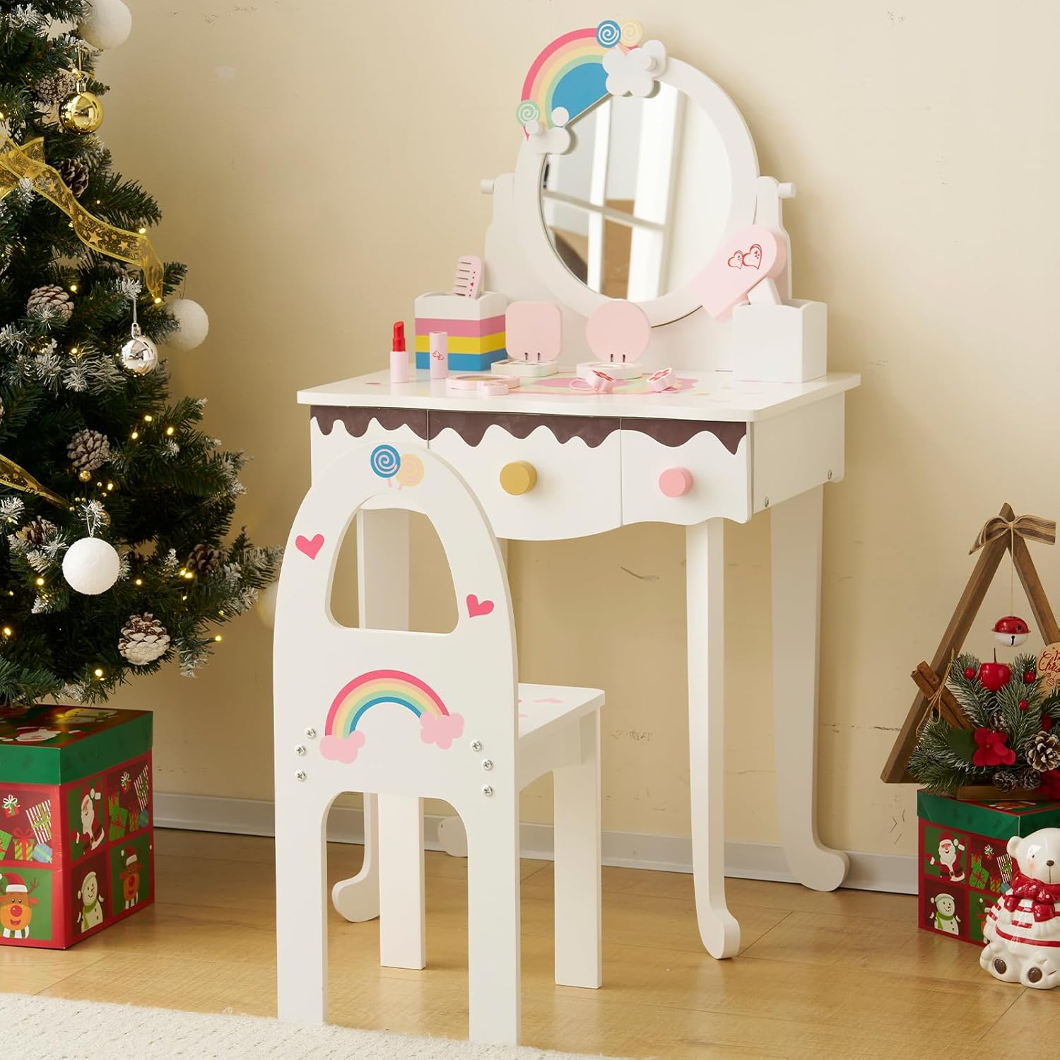 Kids Vanity, Girls Vanity Set with Mirror and Stool, Makeup Dressing Princess Table with Drawer and Storage Layer for Little Girls (Rainbow Theme（White）)