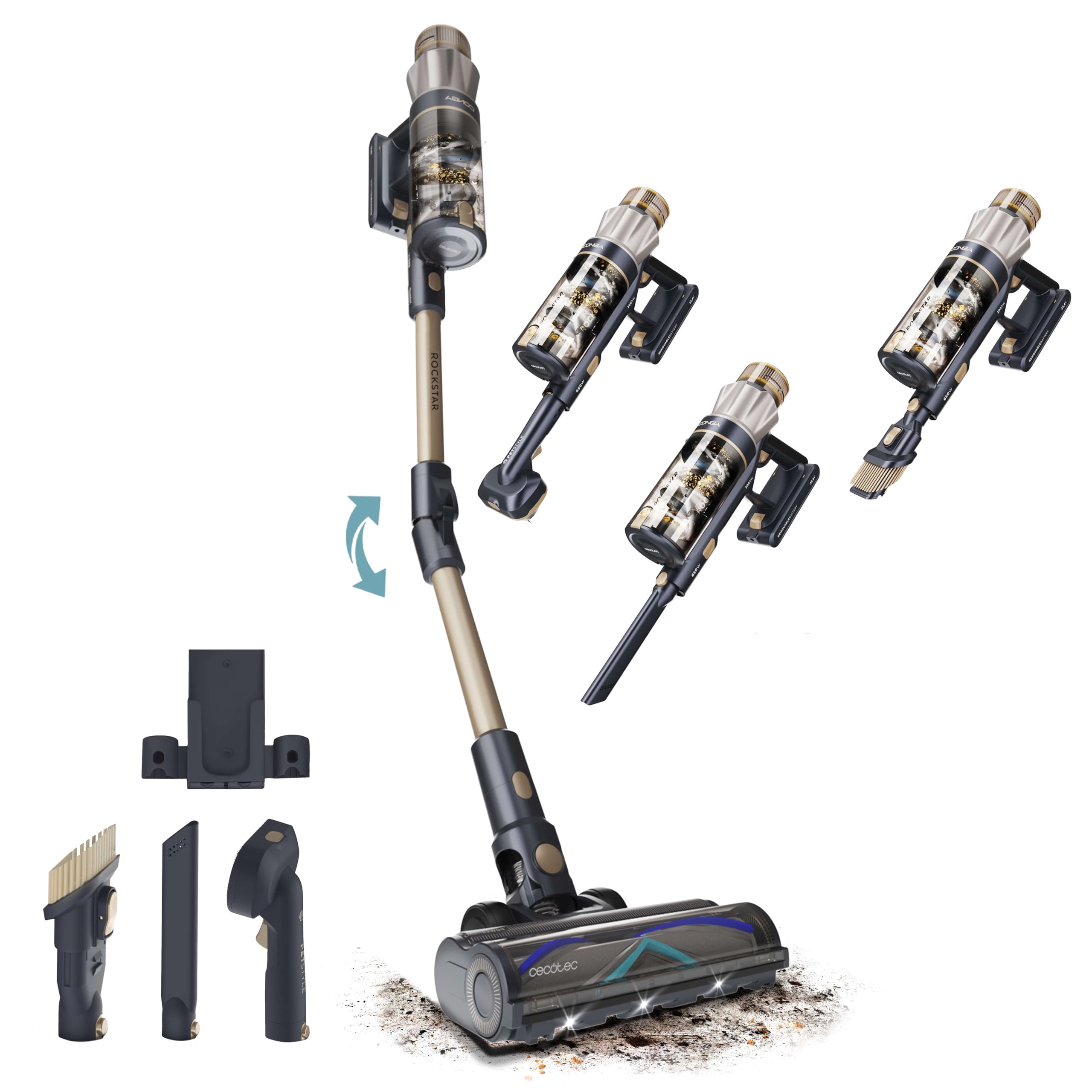 Cecotec Aspiradora Escoba sin Cable Conga Rockstar RS90 Pet Flex X-Treme. 600W, 160AW, Autonomía 65mins en Modo Eco, Cepillo Mixto XL con HairOut, Tubo Flexible, Cabezal Mascotas