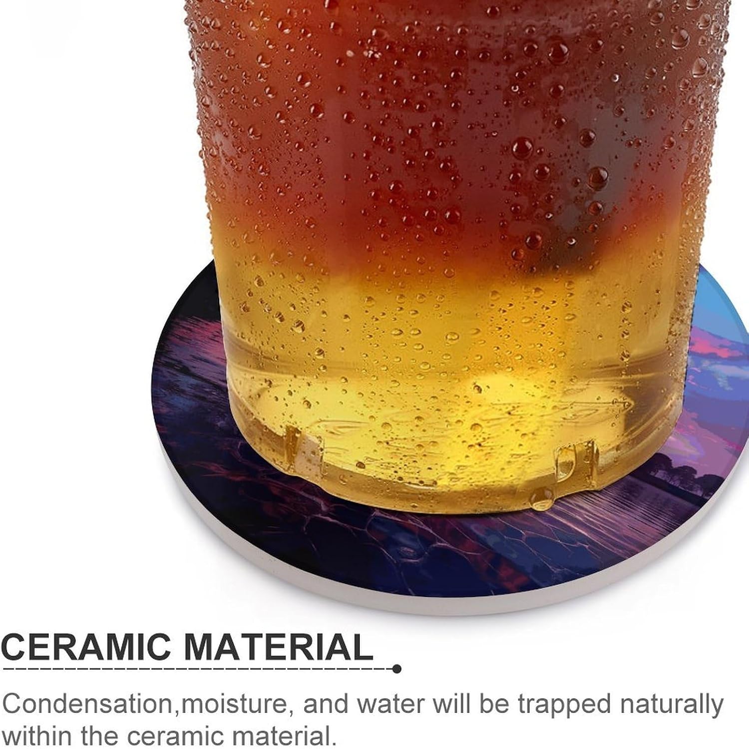 Purple Sunset on Water Coasters for Drinks Absorbing Round Ceramic Stone Coaster with Cork Base Coffee Cup Beverage Table Cup Mat Modern Style Bar Coaster Set for Home Decor