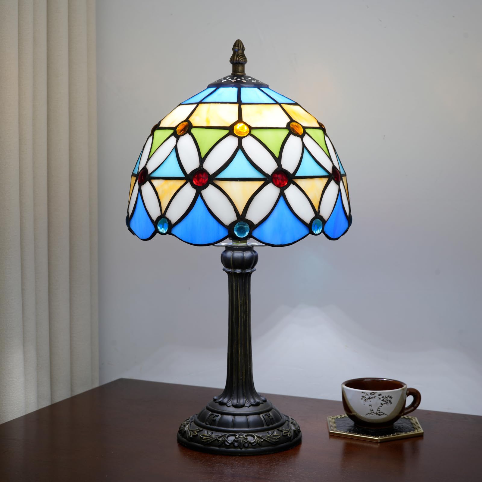 NUODITOS Tiffany Table Lamp Stained Glass Bedside Lamp Antique Unique Cute Accent Nightstand Light for Home Living Room Office Dormitory Bar Decorate