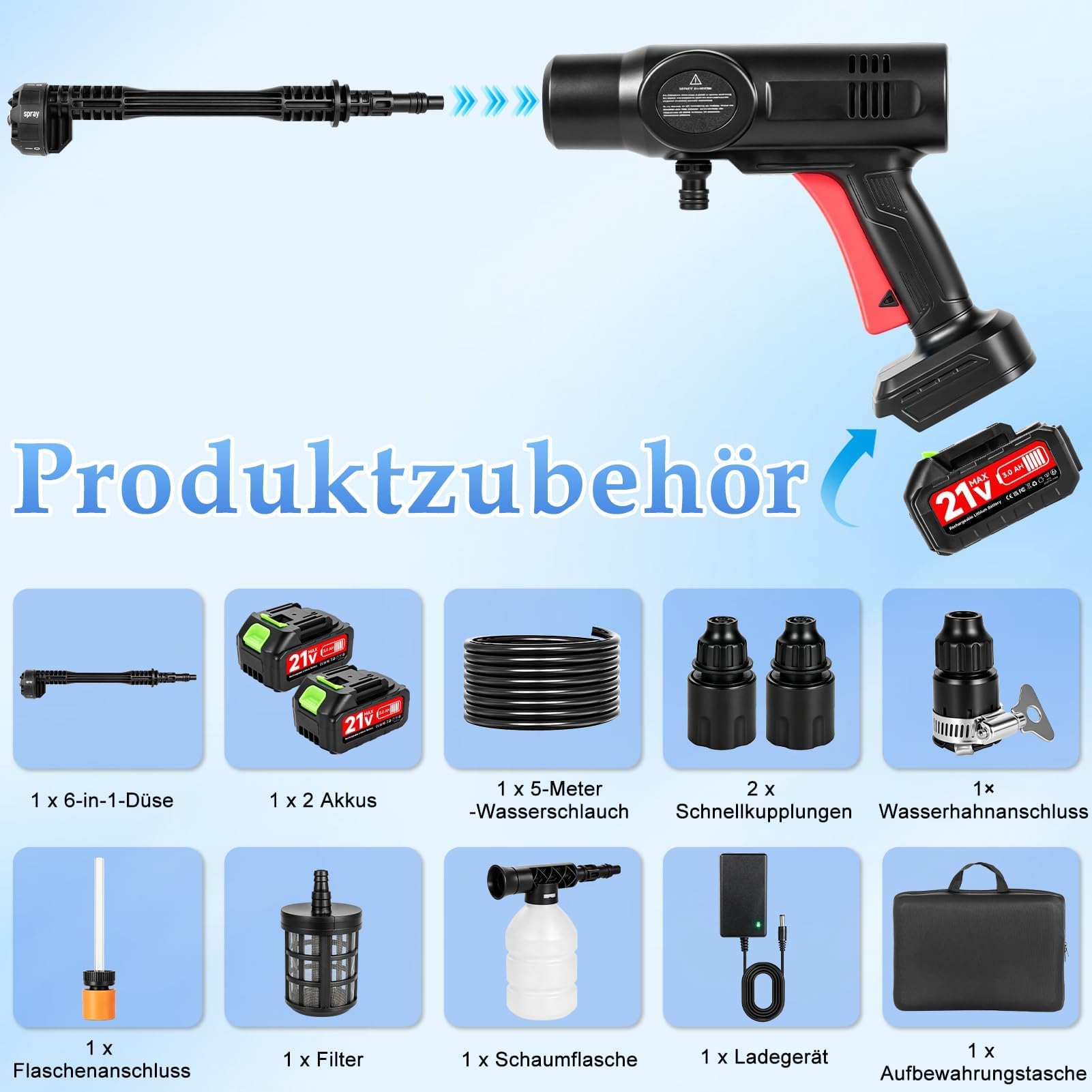 Akku-Hochdruckreiniger 80 Bar, 240L/h, 2x3.0Ah – kabellos, 6-in-1 Düse, Schaumflasche, 5m Schlauch, 10m Strahlweite – Akku Druckreiniger für Auto, Fahrrad, Terrasse & Garten.